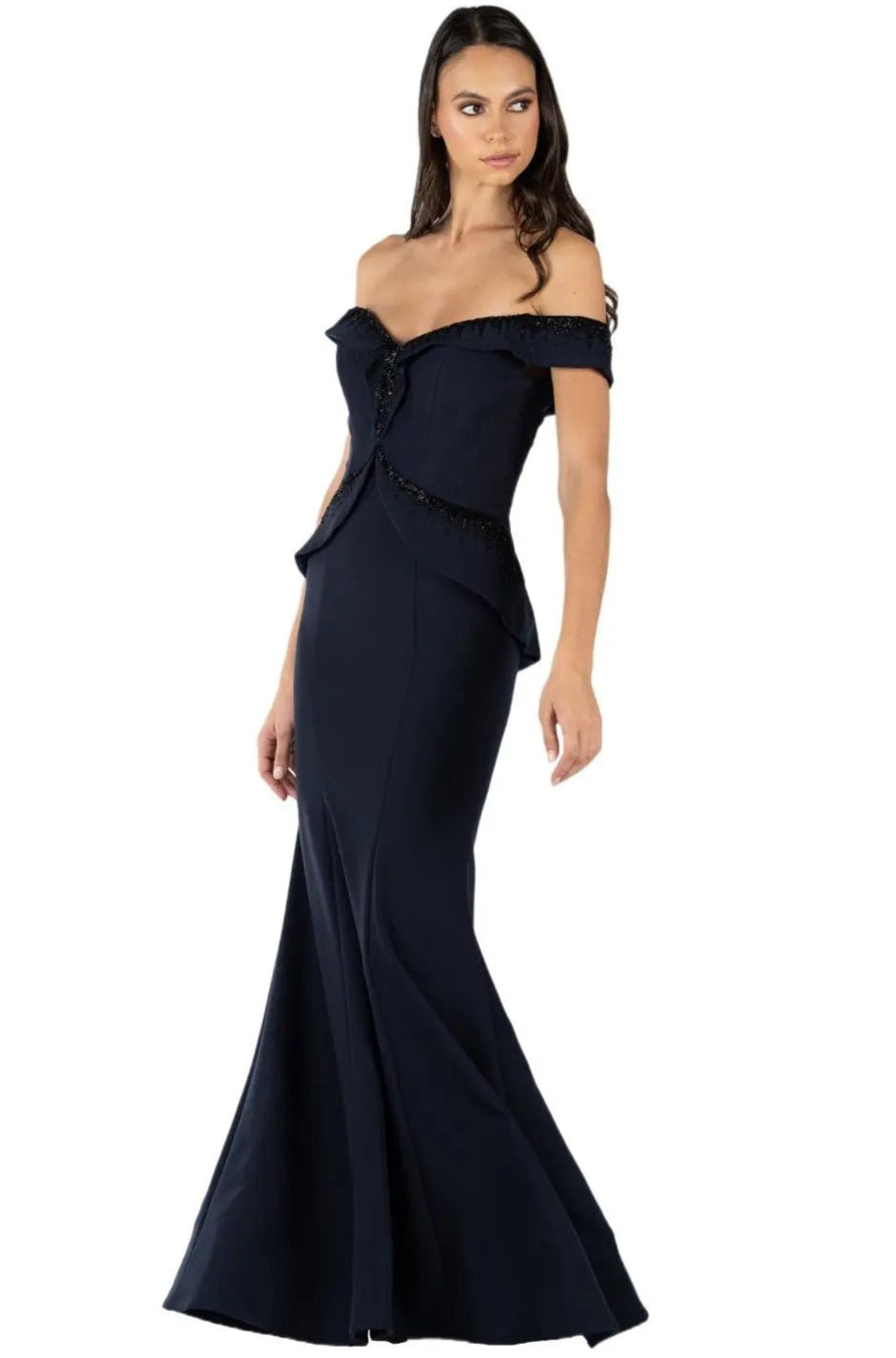 Off The Shoulder Stretch Gown Gown Rene Ruiz Collection