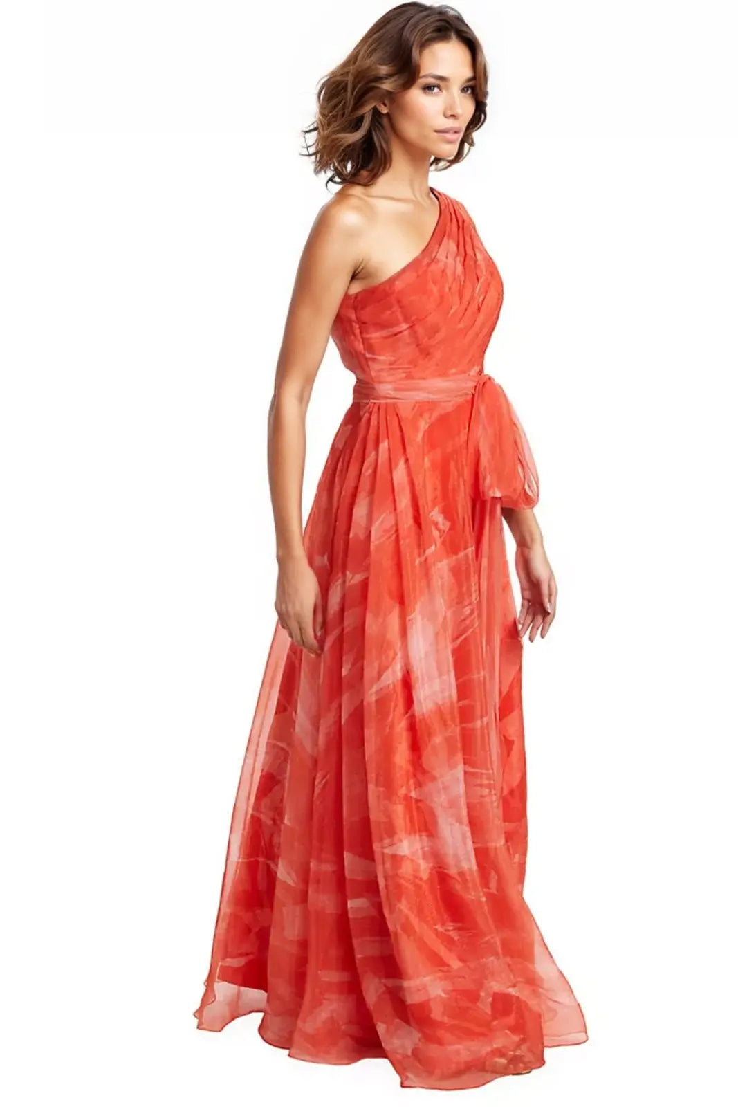 One Shoulder Draped Organza Gown With Belt Gown Rene Ruiz Collection