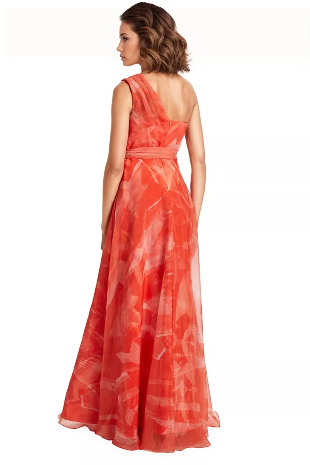 One Shoulder Draped Organza Gown With Belt Gown Rene Ruiz Collection