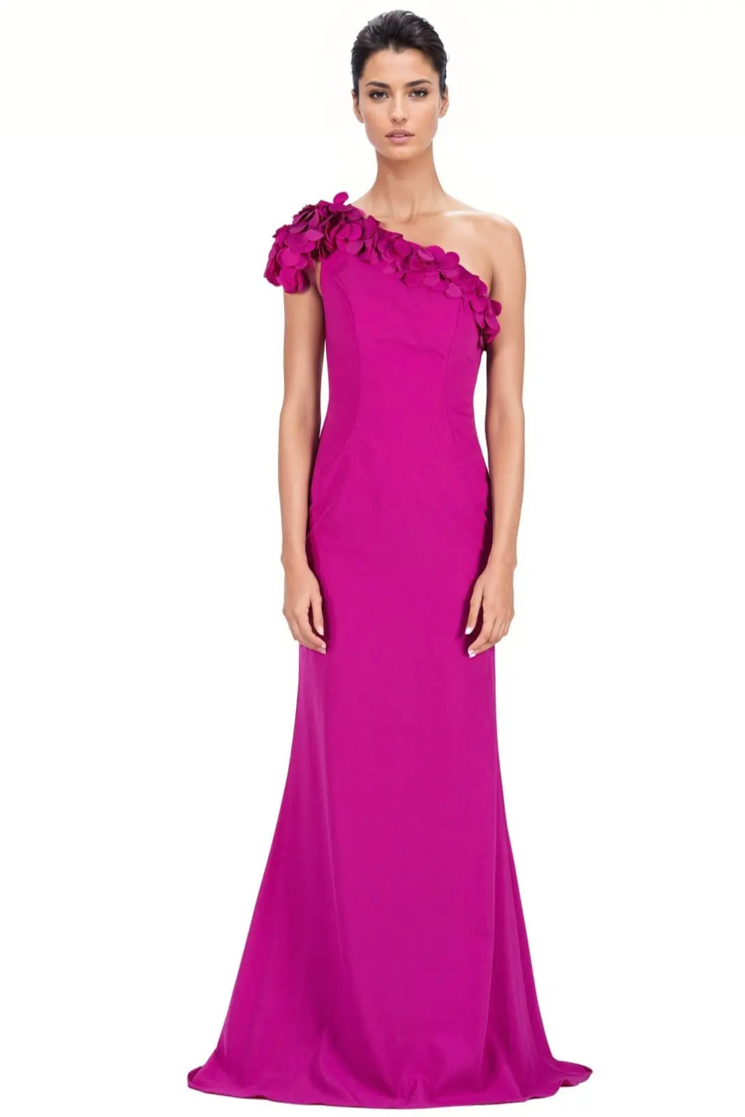 One Shoulder Fit and Flare Scuba 3D Applique Gown Gown Rene Ruiz Collection