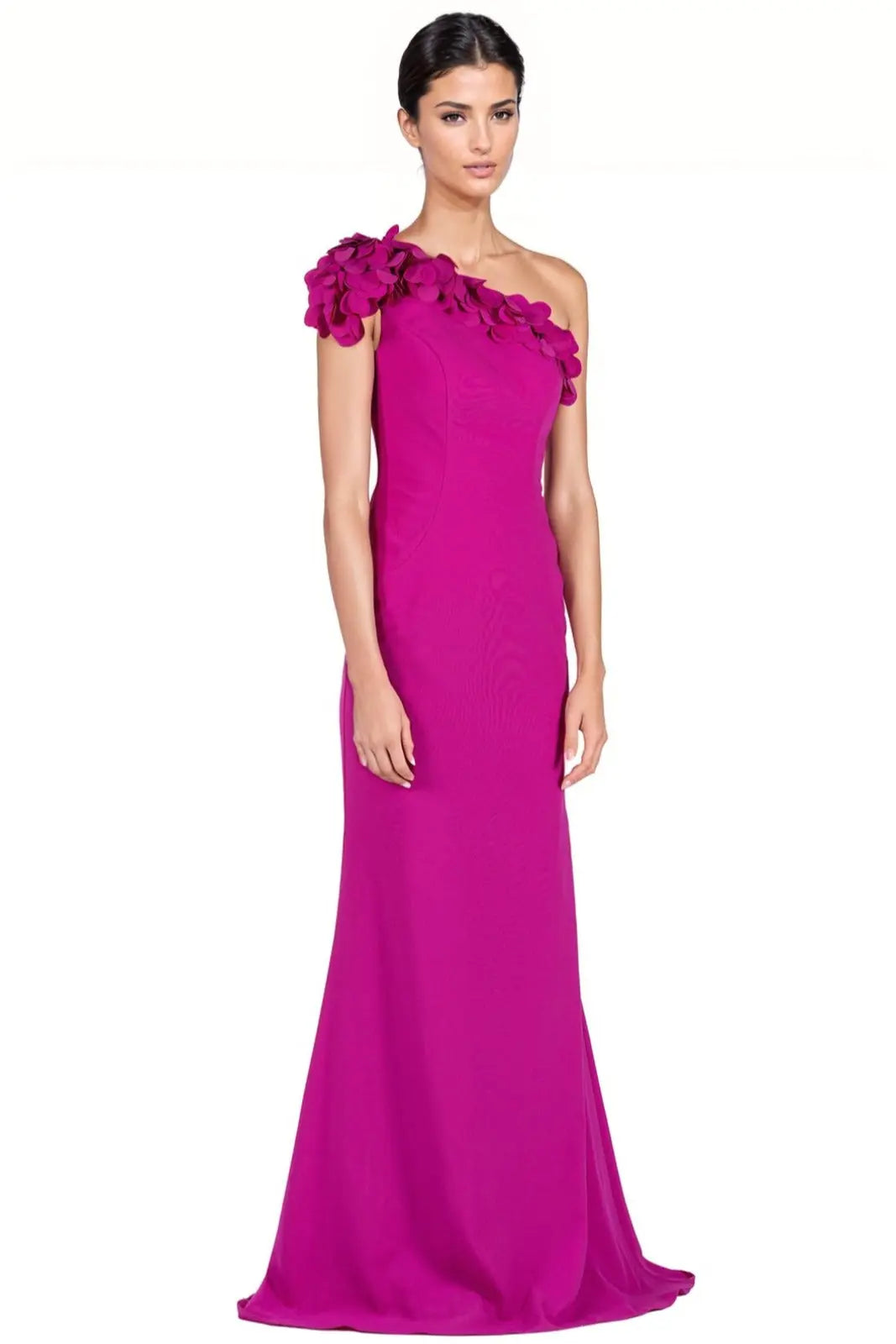 One Shoulder Fit and Flare Scuba 3D Applique Gown Gown Rene Ruiz Collection