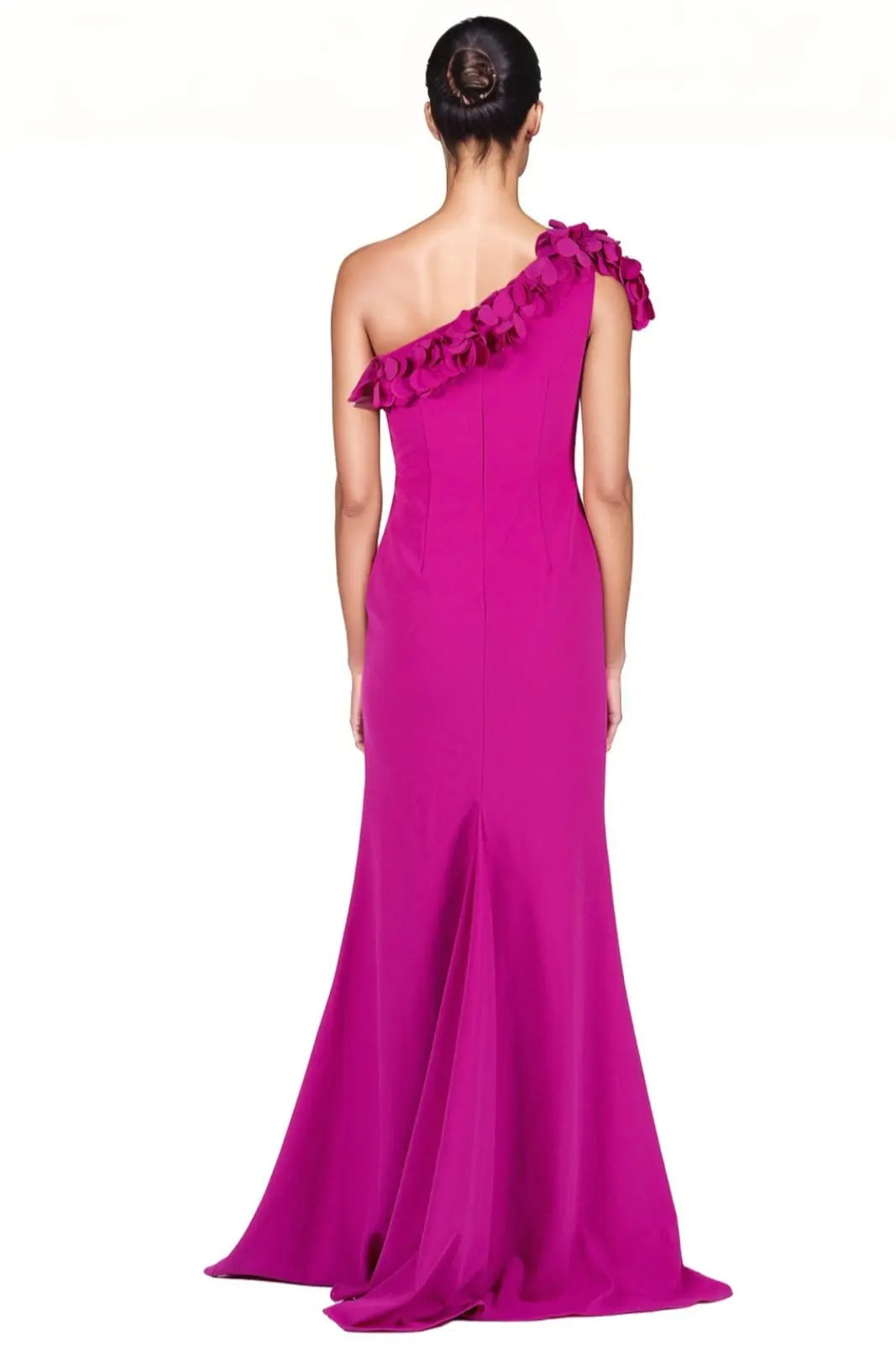 One Shoulder Fit and Flare Scuba 3D Applique Gown Gown Rene Ruiz Collection