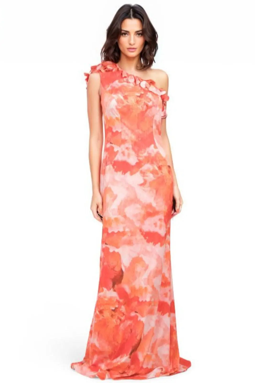 One Shoulder Fit and Flare Scuba 3D Applique Gown Red