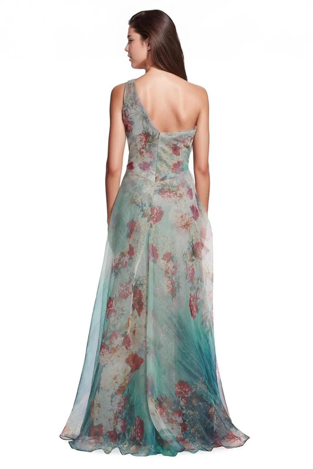 One Shoulder Printed Tulle Gown