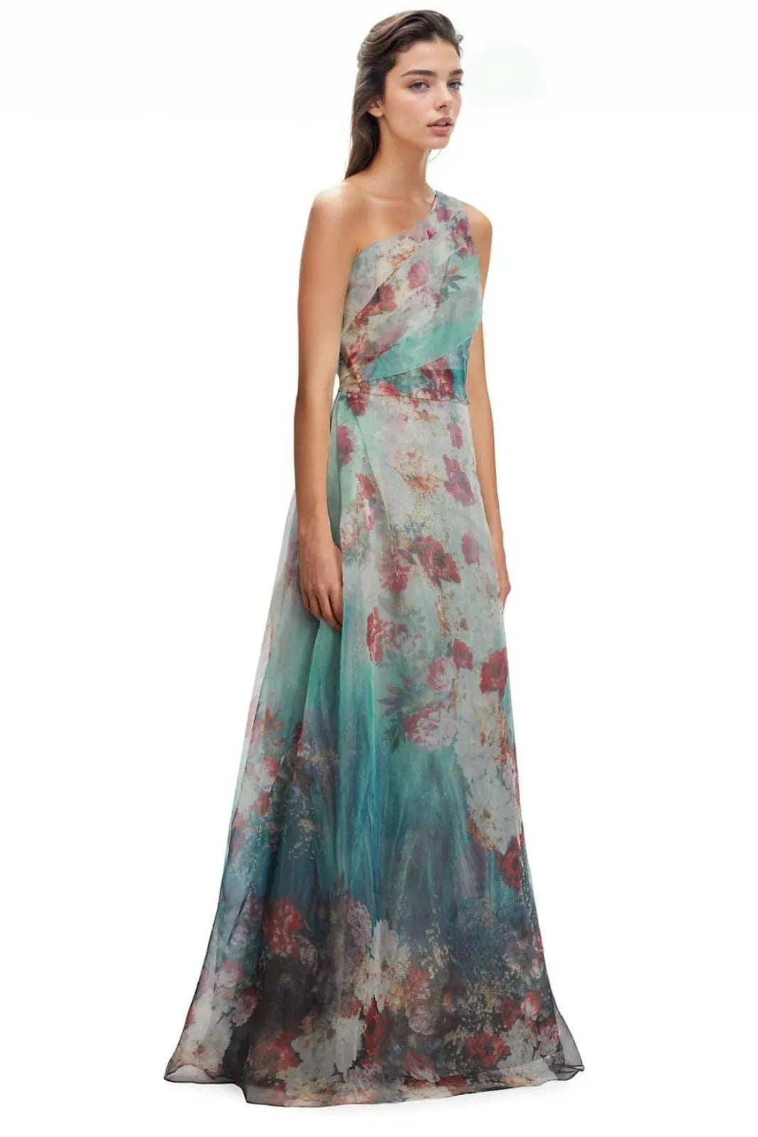 One Shoulder Printed Tulle Gown