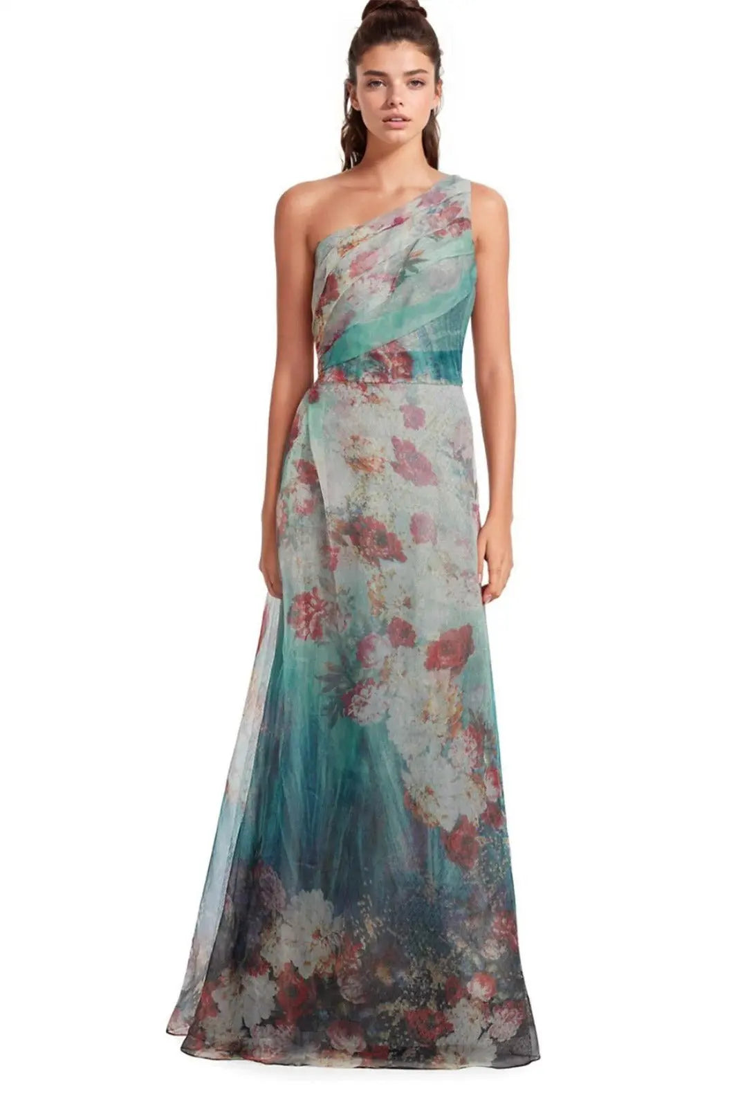 One Shoulder Printed Tulle Gown Aqua Multi