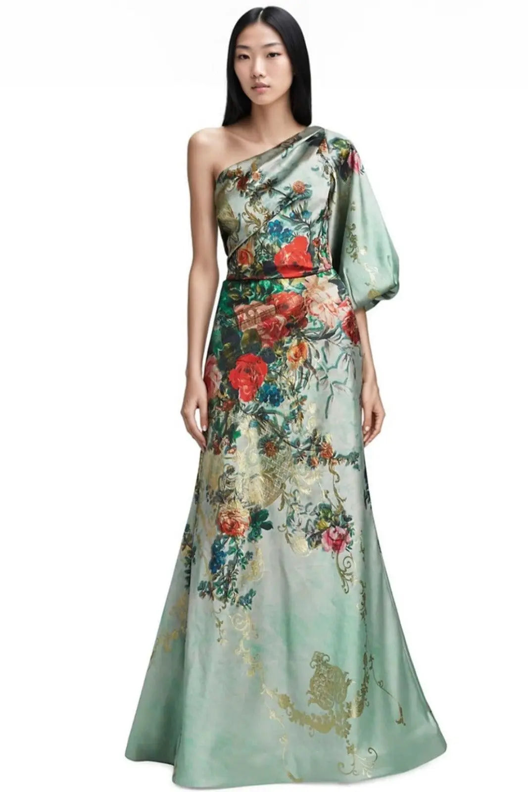 One Shoulder Puff Sleeve Gown Mint Multi