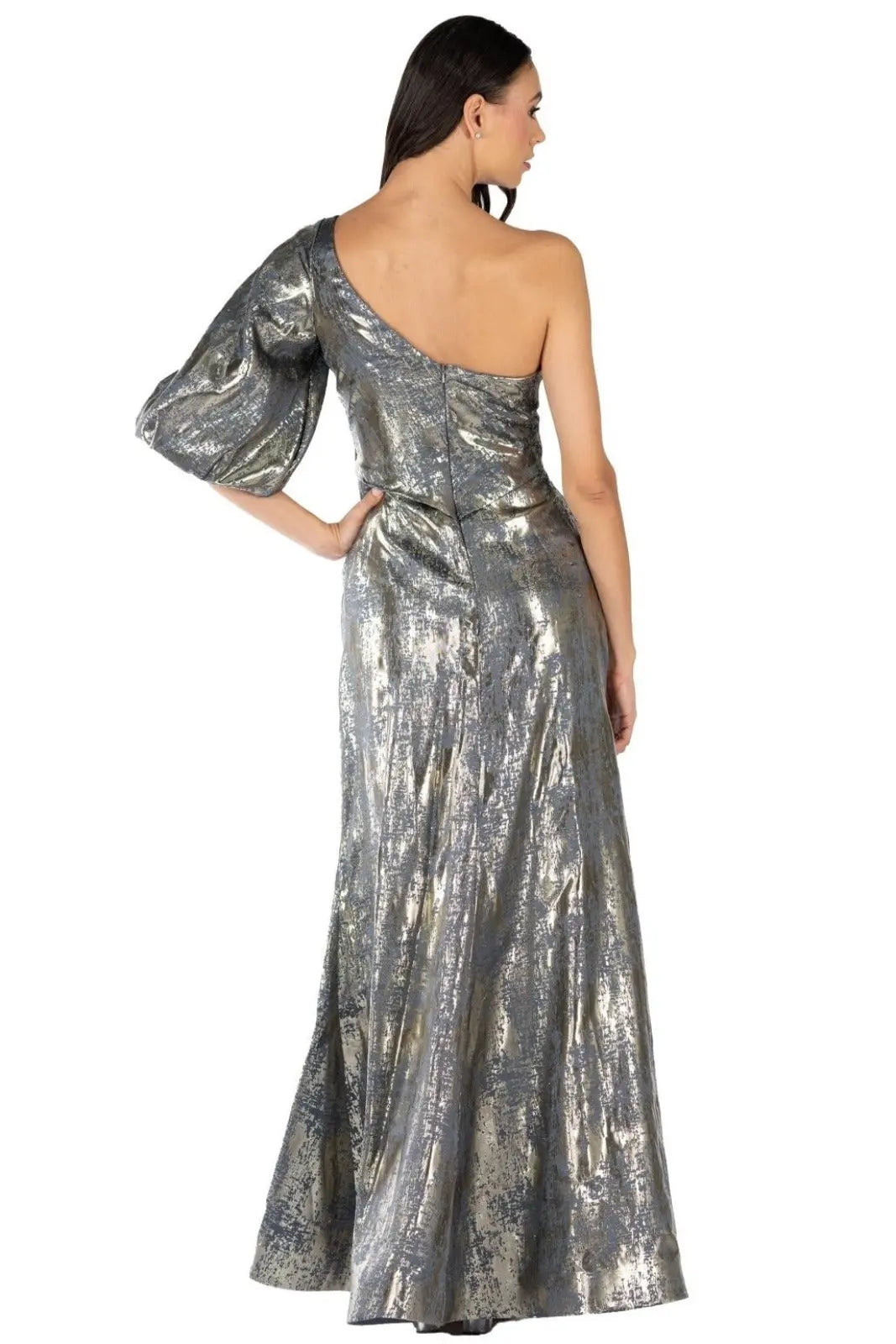 One Shoulder Puff Sleeve Gown Gown Rene Ruiz Collection