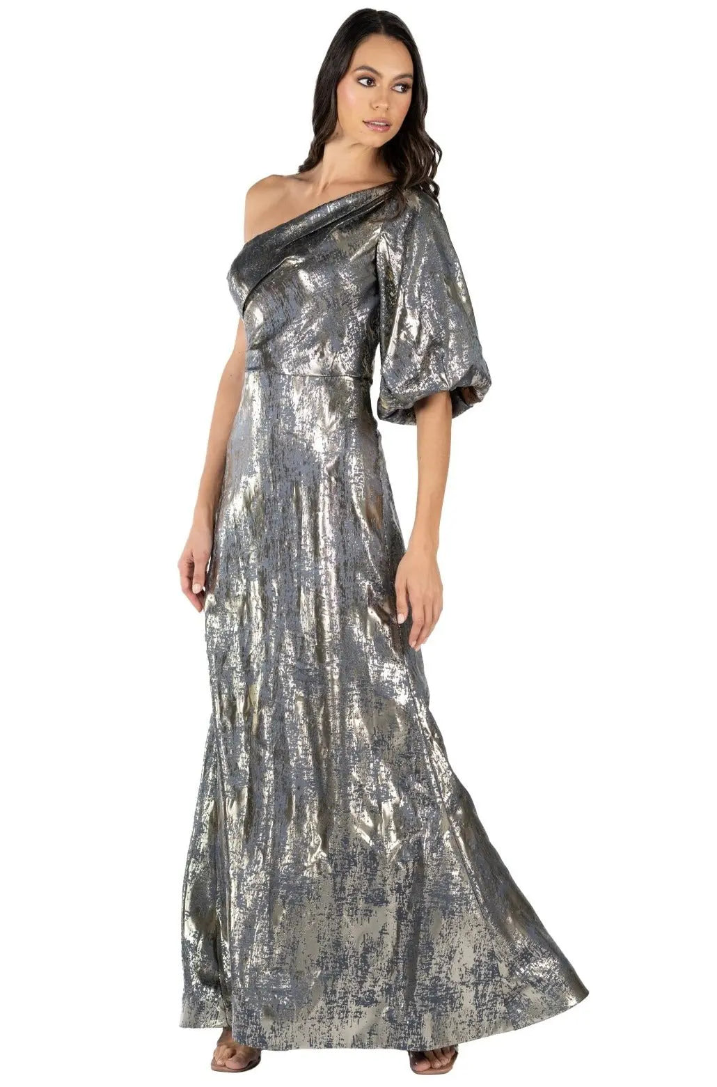 One Shoulder Puff Sleeve Gown Gown Rene Ruiz Collection
