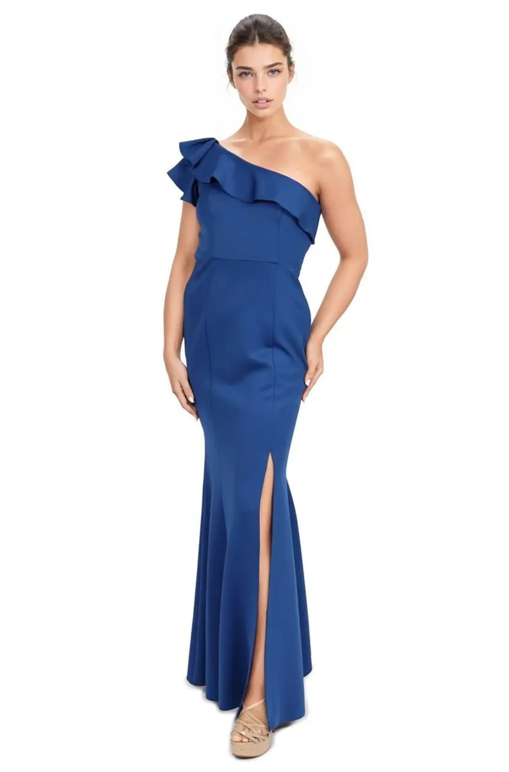 One Shoulder Ruffle Gown Gown Rene Ruiz Collection 2 Blue