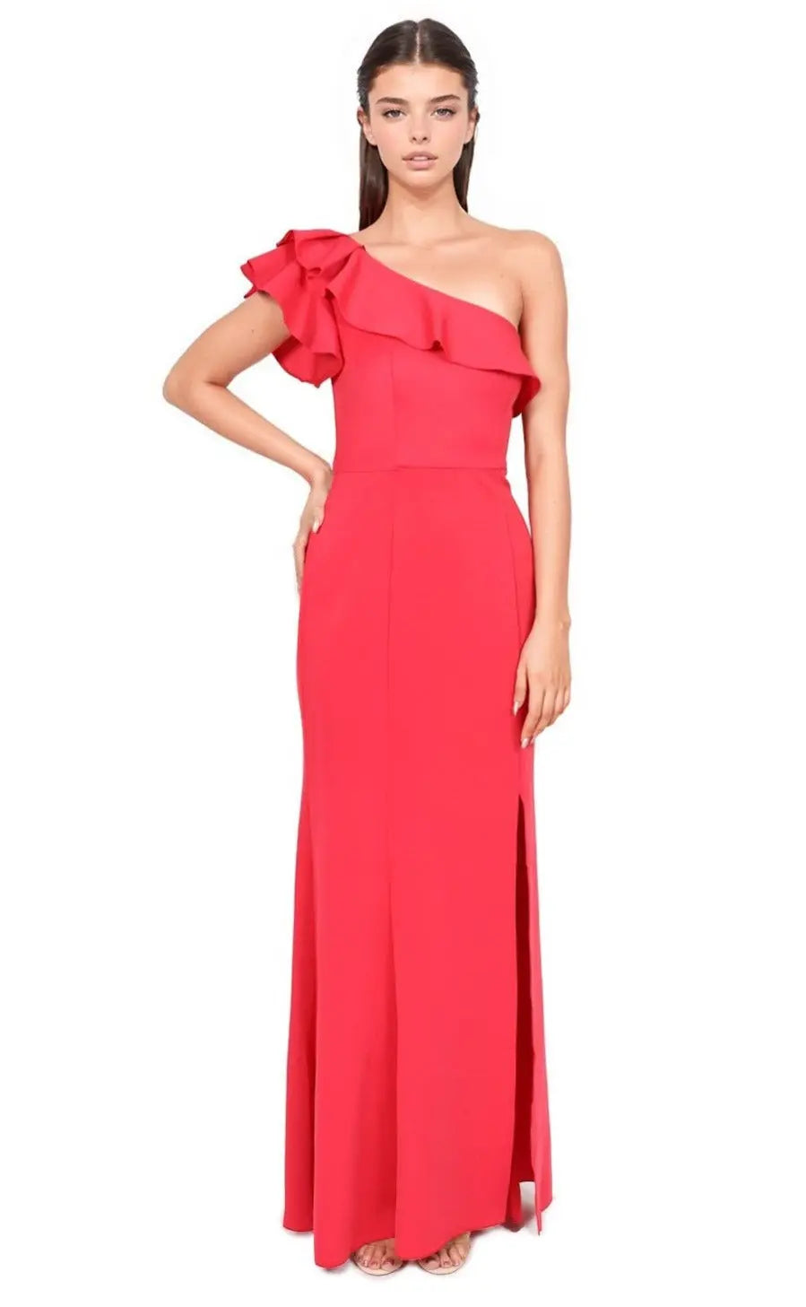 One Shoulder Ruffle Gown Gown Rene Ruiz Collection 2 Pink