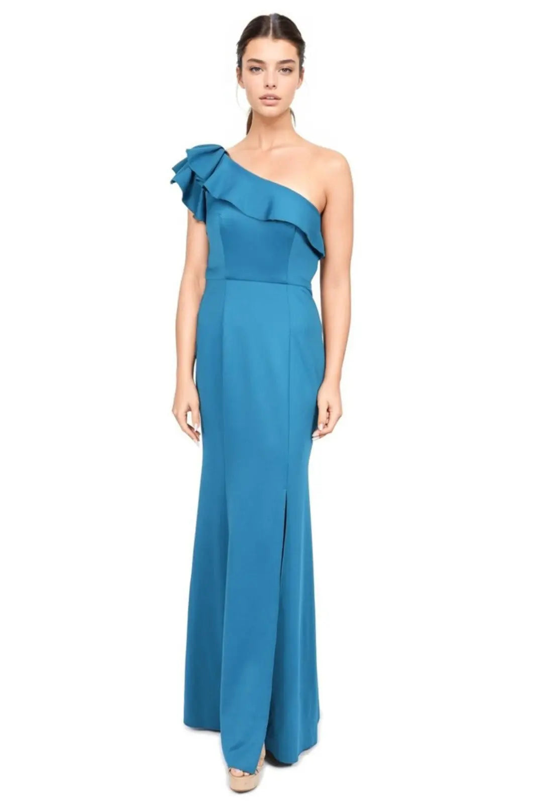 One Shoulder Ruffle Gown Gown Rene Ruiz Collection 2 Teal