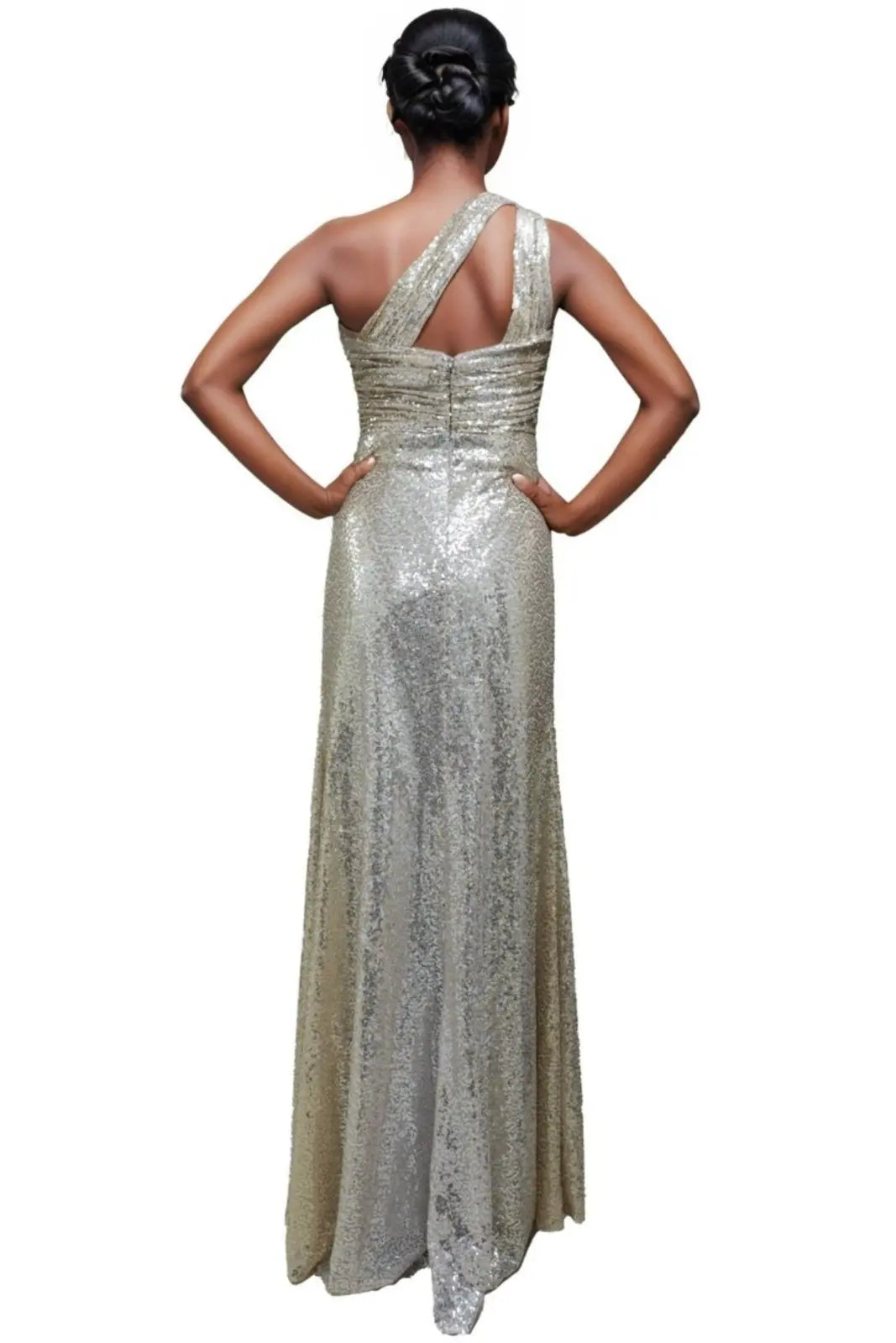 One Shoulder Twist Front Ombre Sequin Gown Gown Rene Ruiz Collection