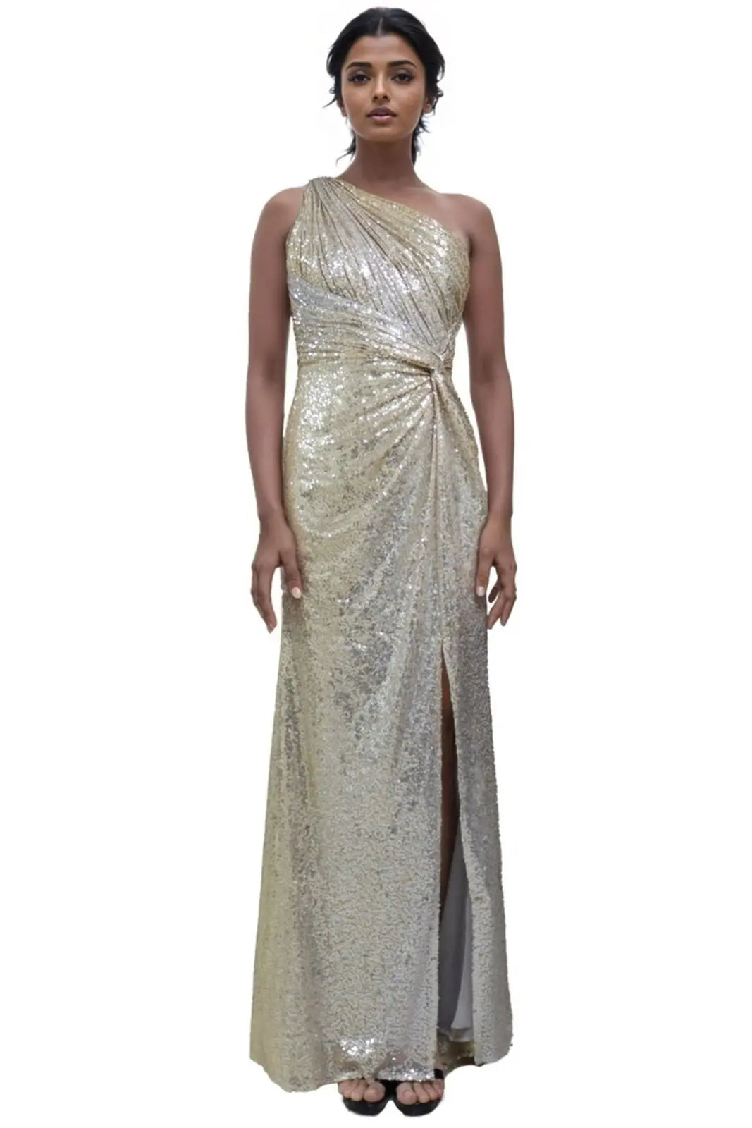 One Shoulder Twist Front Ombre Sequin Gown Gown Rene Ruiz Collection 2 Silver
