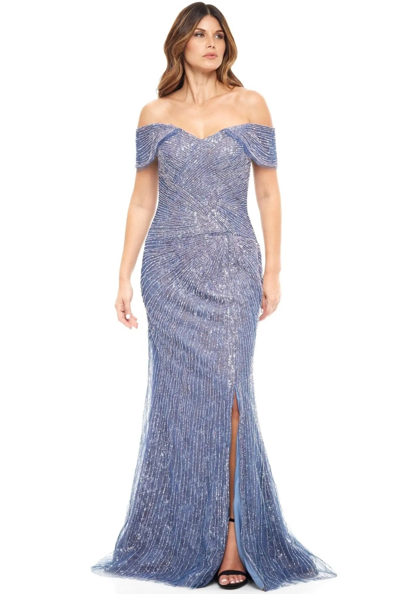 Off the Shoulder Beaded Gown Gown Rene Ruiz Collection