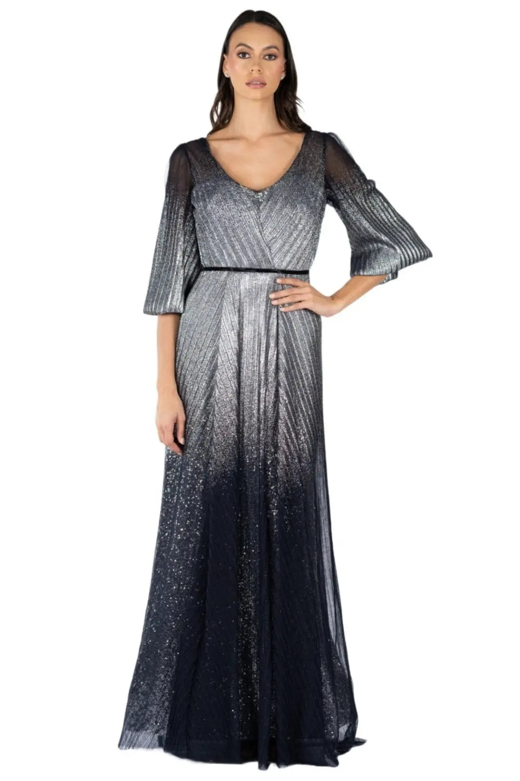 green emerald velvet dress Pleated 3/4 Sleeve Ombre Gown - Rene Ruiz Collection