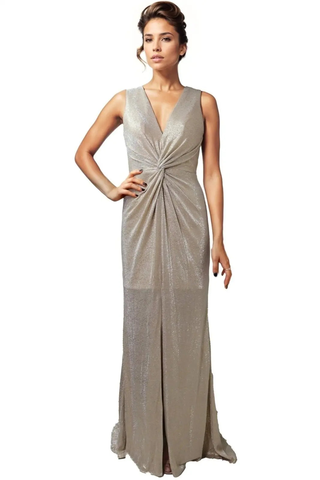 Sleeveless Metallic Twisted Front Mermaid Gown Gown Rene Ruiz Collection