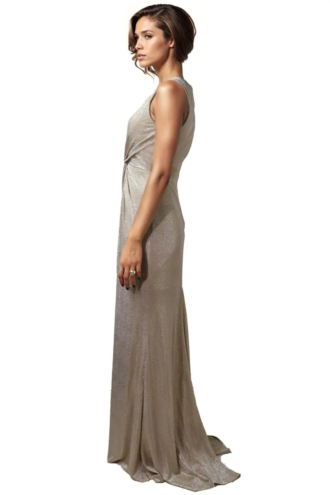 Sleeveless Metallic Twisted Front Mermaid Gown Gown Rene Ruiz Collection