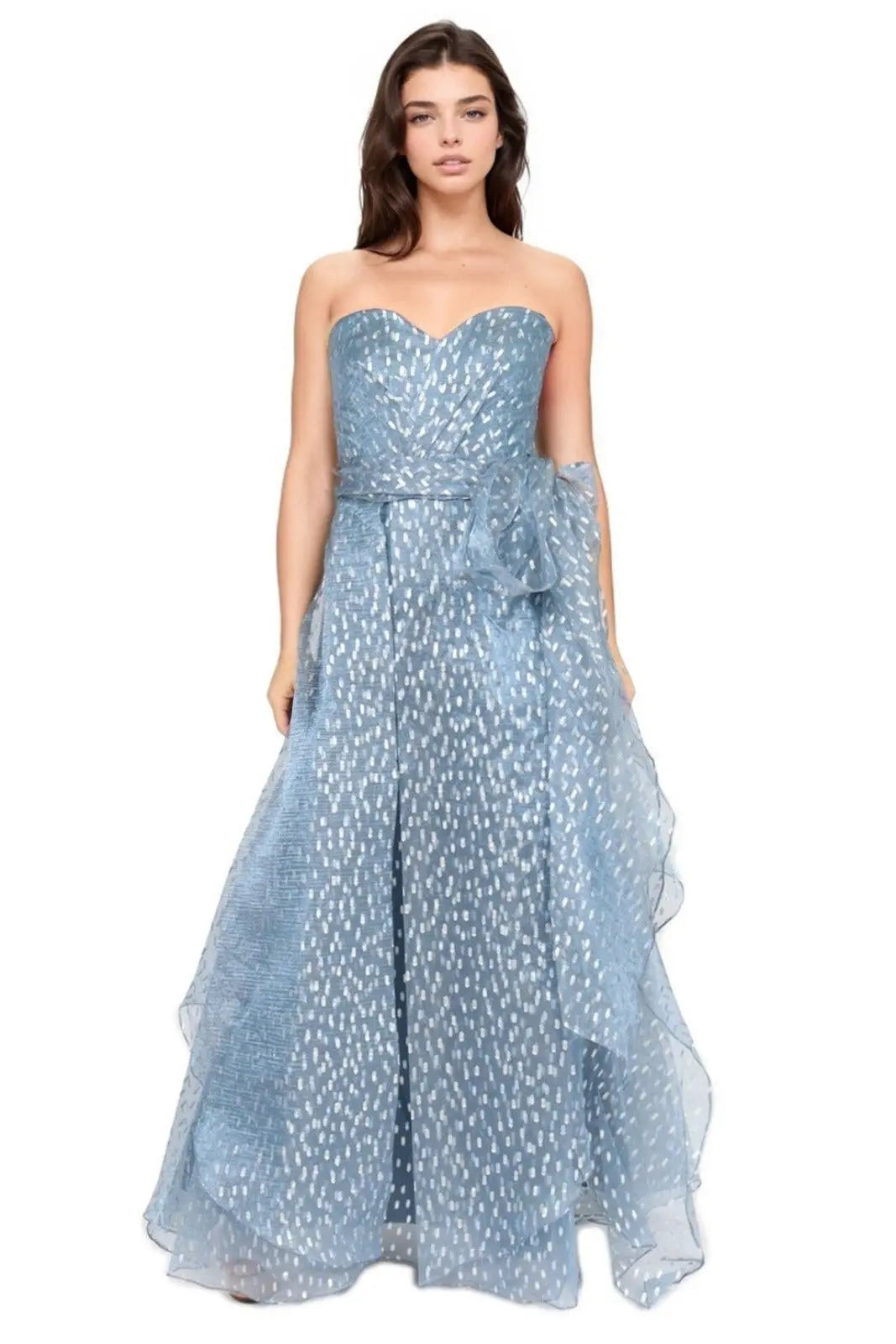 Strapless A-Line Gown with Belt Blue
