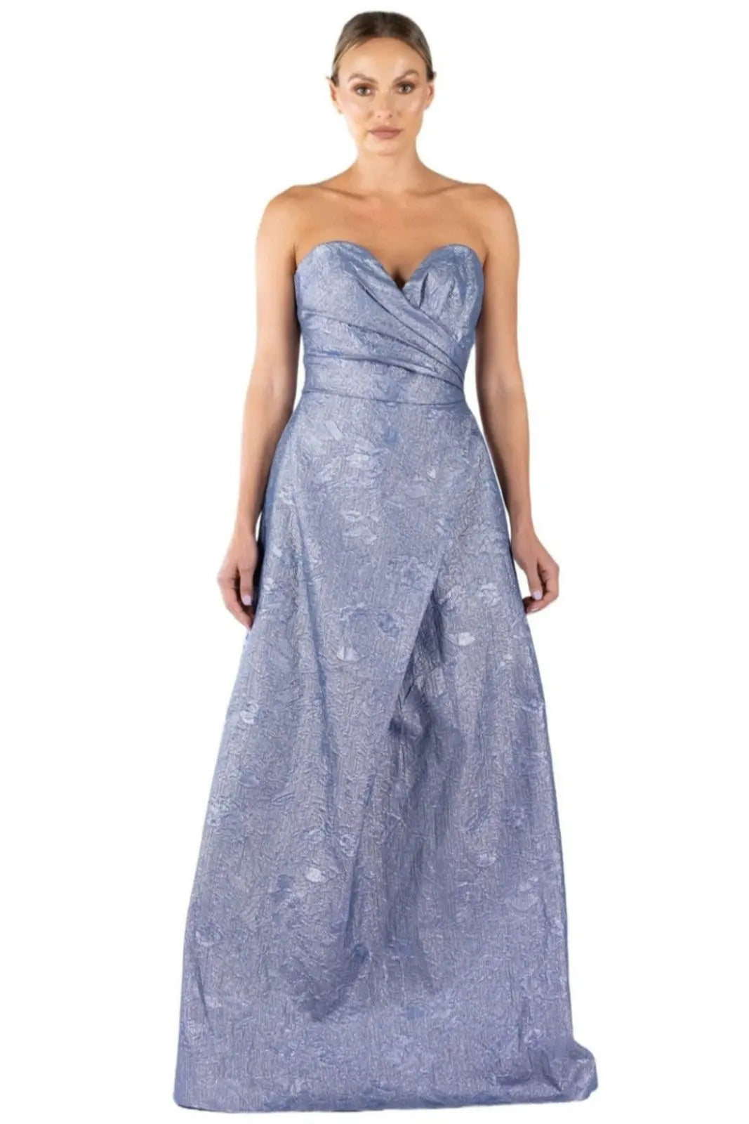 Strapless Brocade A-Line Gown Rene Ruiz Collection