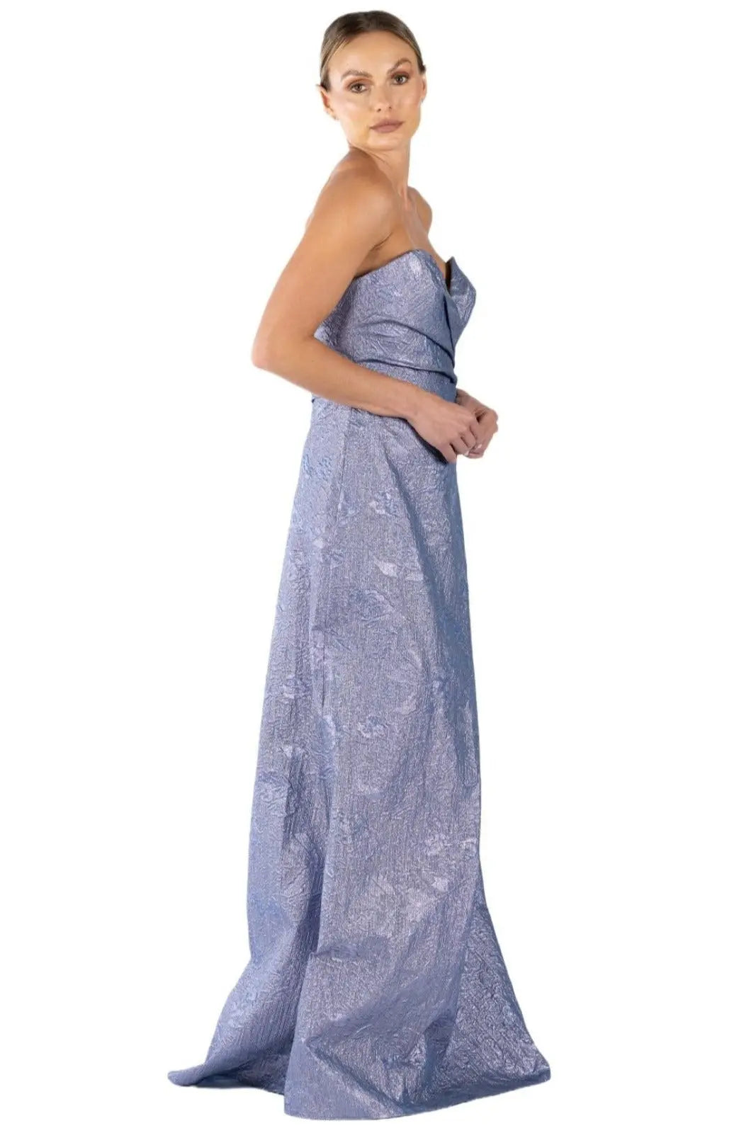 Strapless Brocade A-Line Gown Rene Ruiz Collection