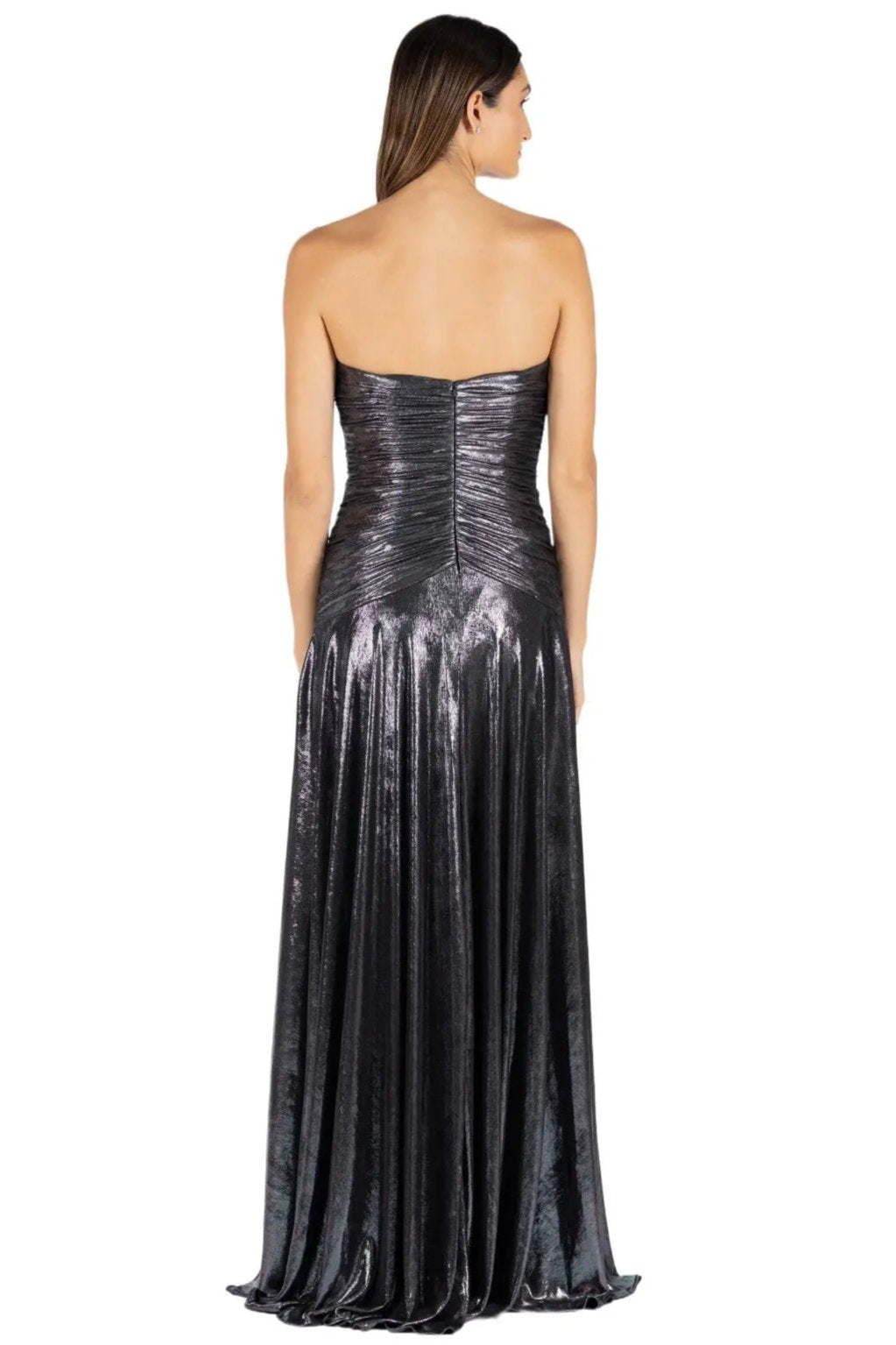 Strapless Hand Draped Metallic Stretch Gown Gown Rene Ruiz Collection