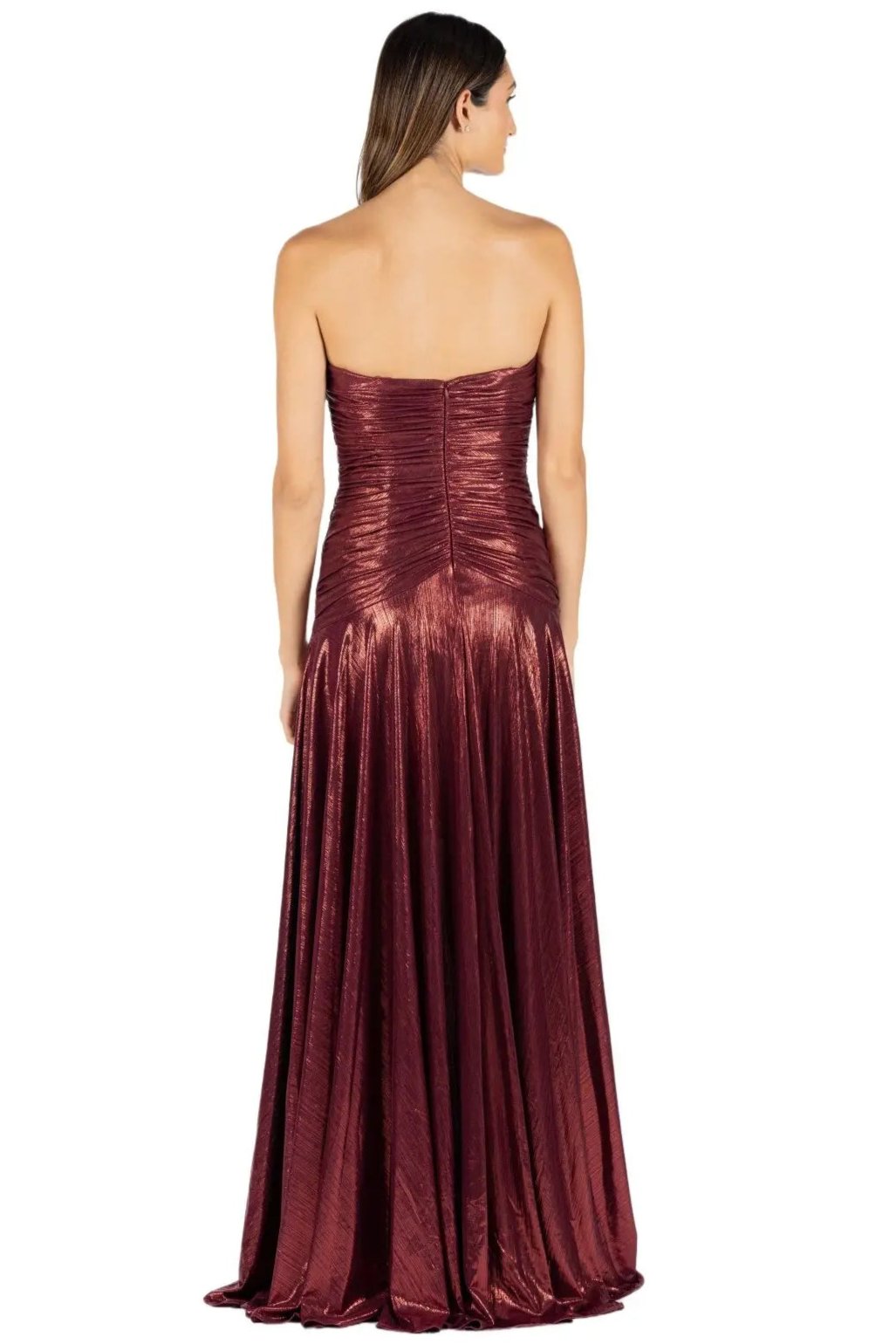 Strapless Hand Draped Metallic Stretch Gown Gown Rene Ruiz Collection