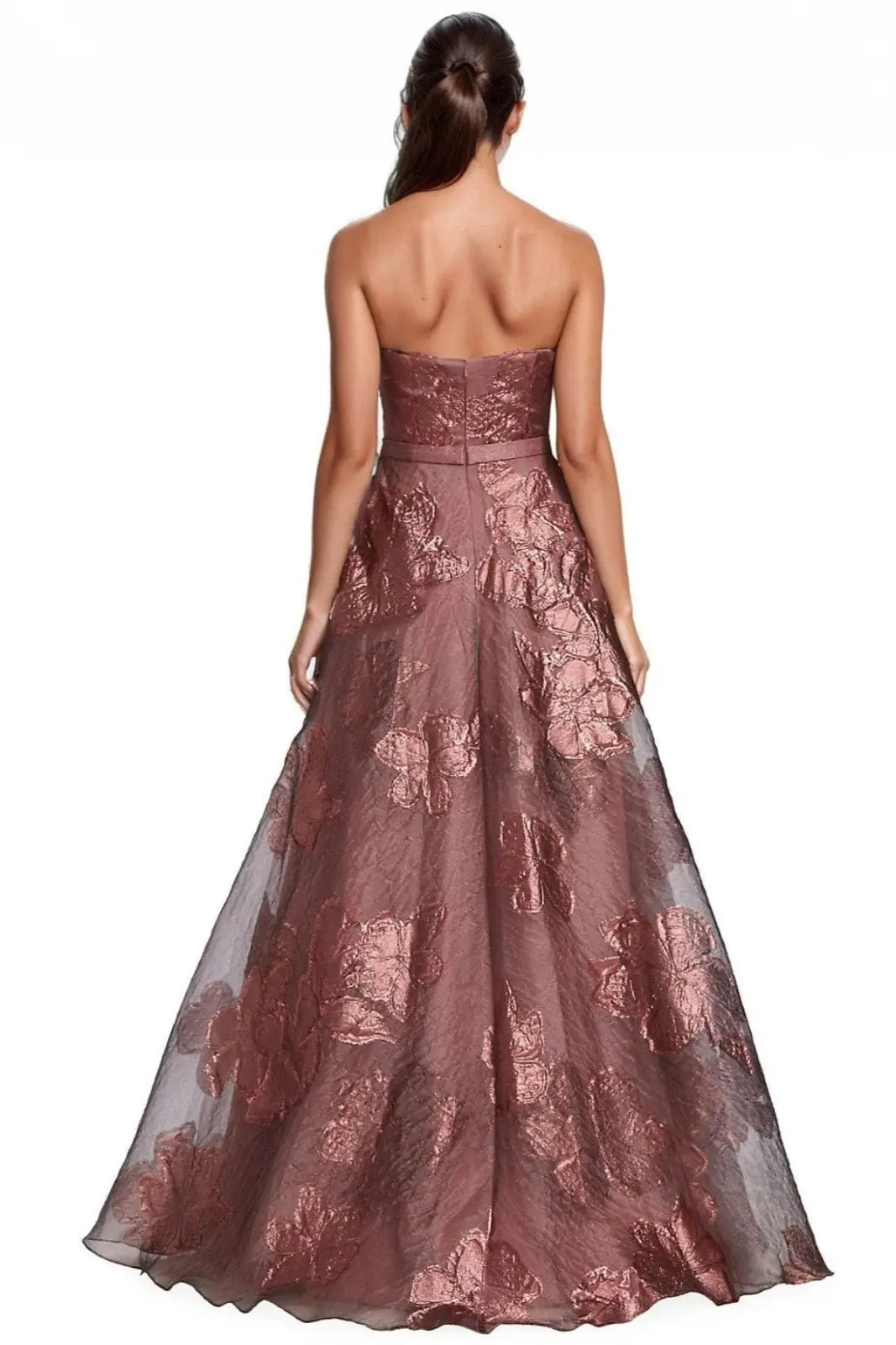 Strapless Metallic Floral Fil Coupe Gown (GABLES) Gown Rene Ruiz Collection