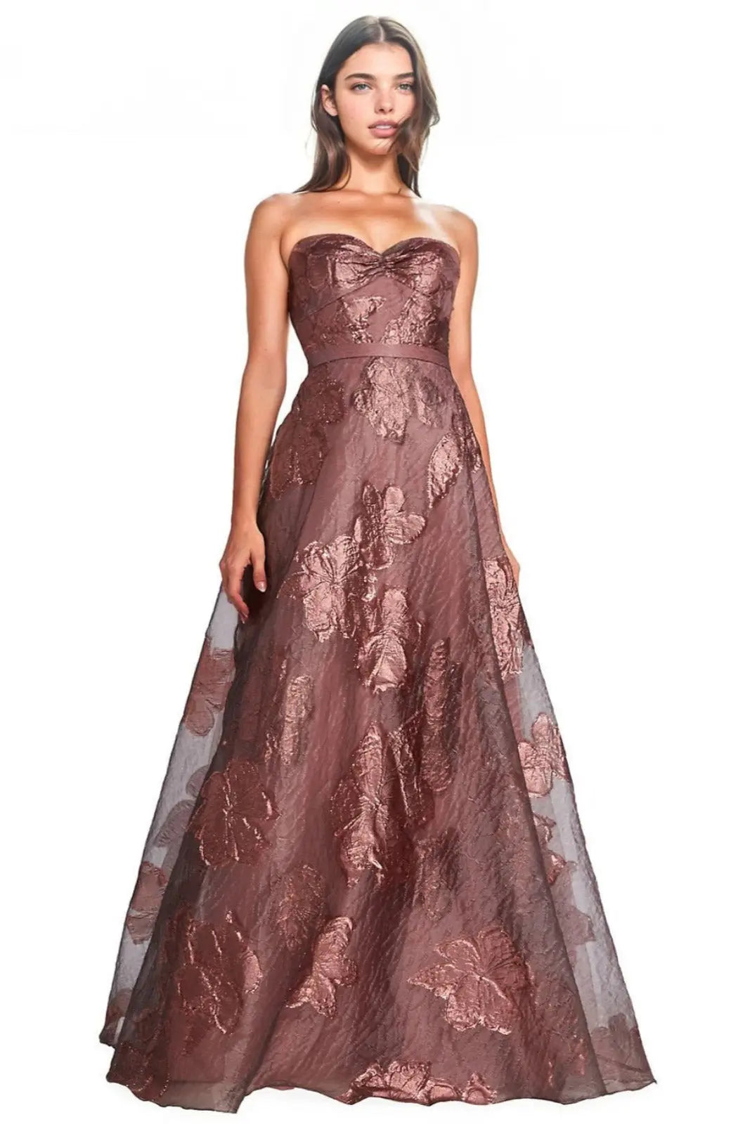 Strapless Metallic Floral Fil Coupe Gown
