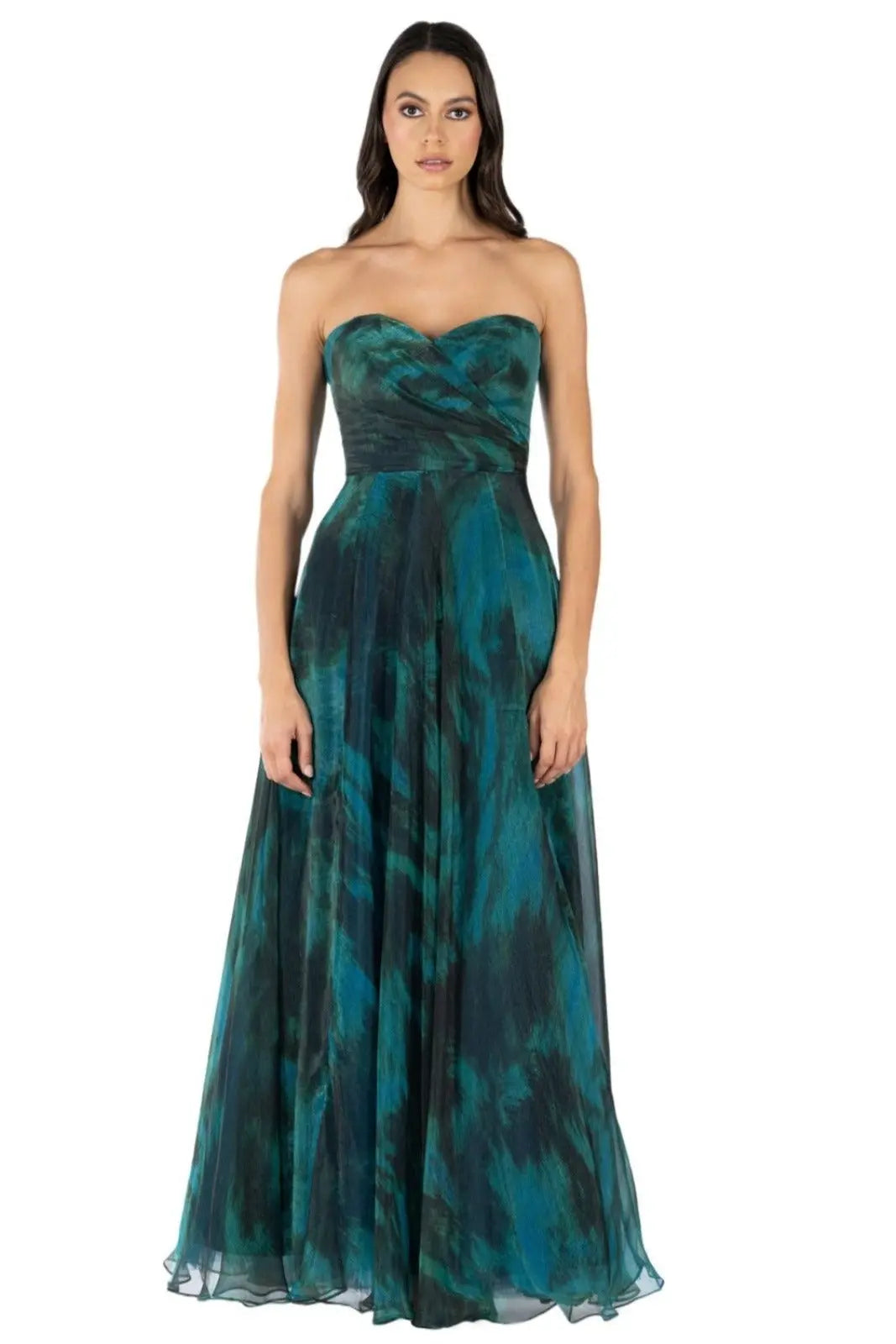 Strapless Organza Print A-Line Gown Gown Rene Ruiz Collection