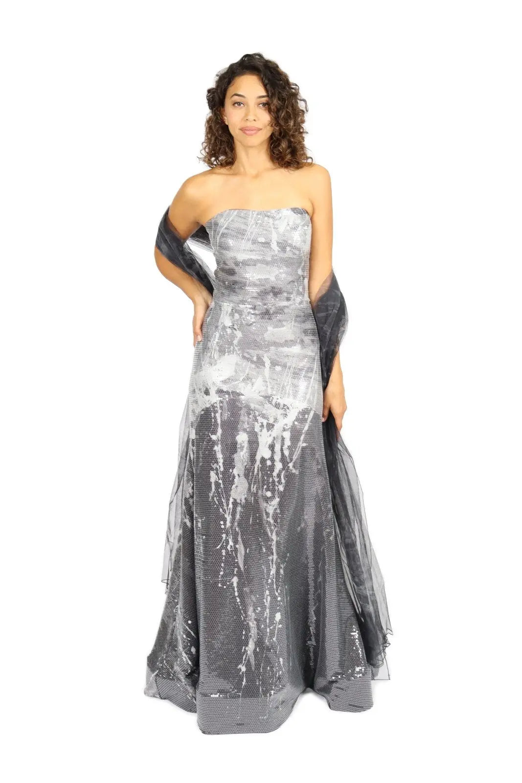 Strapless Printed Sequin Gown Black Multi RR2021C