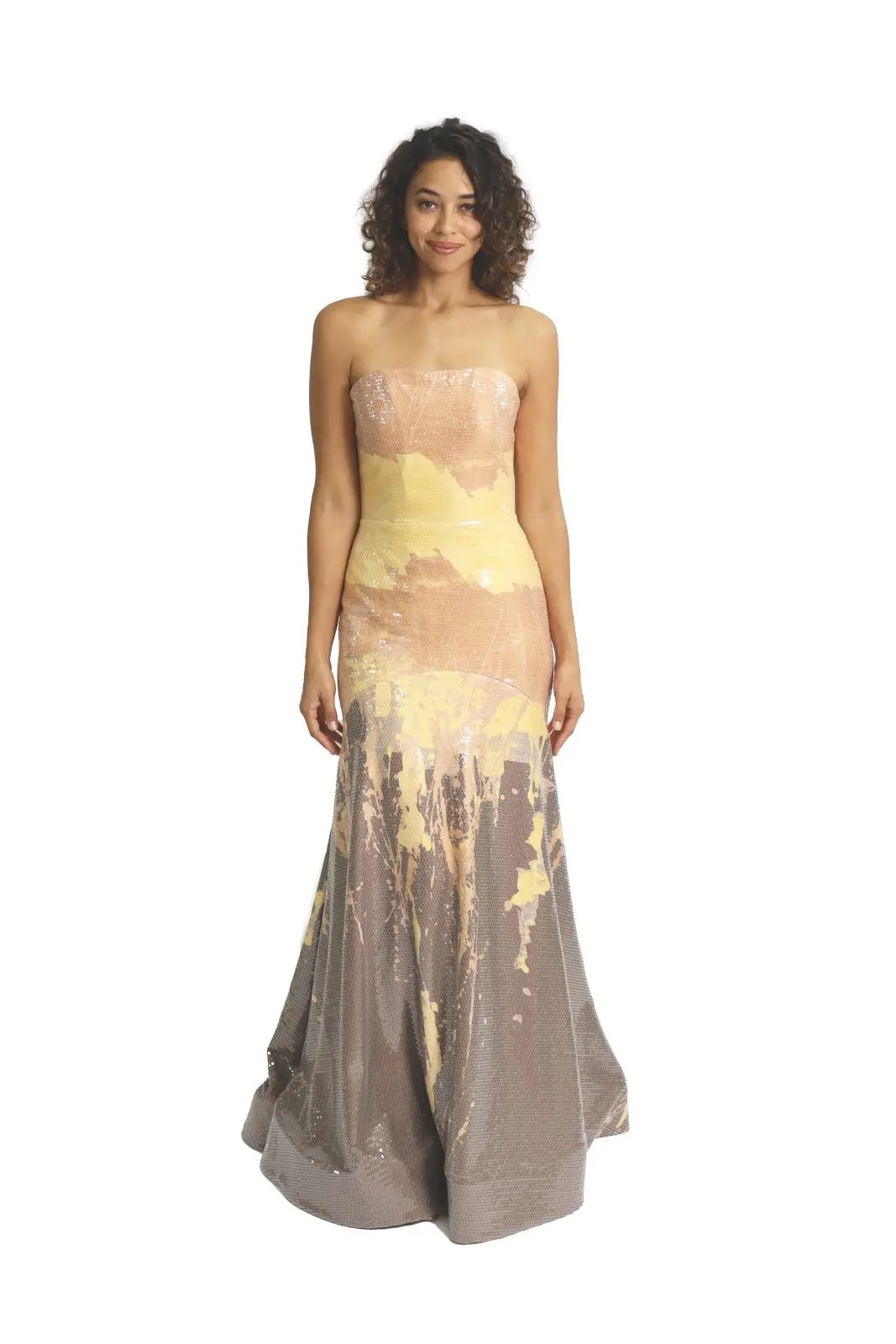 Strapless Printed Sequin Gown Yellow Multi RR2021C