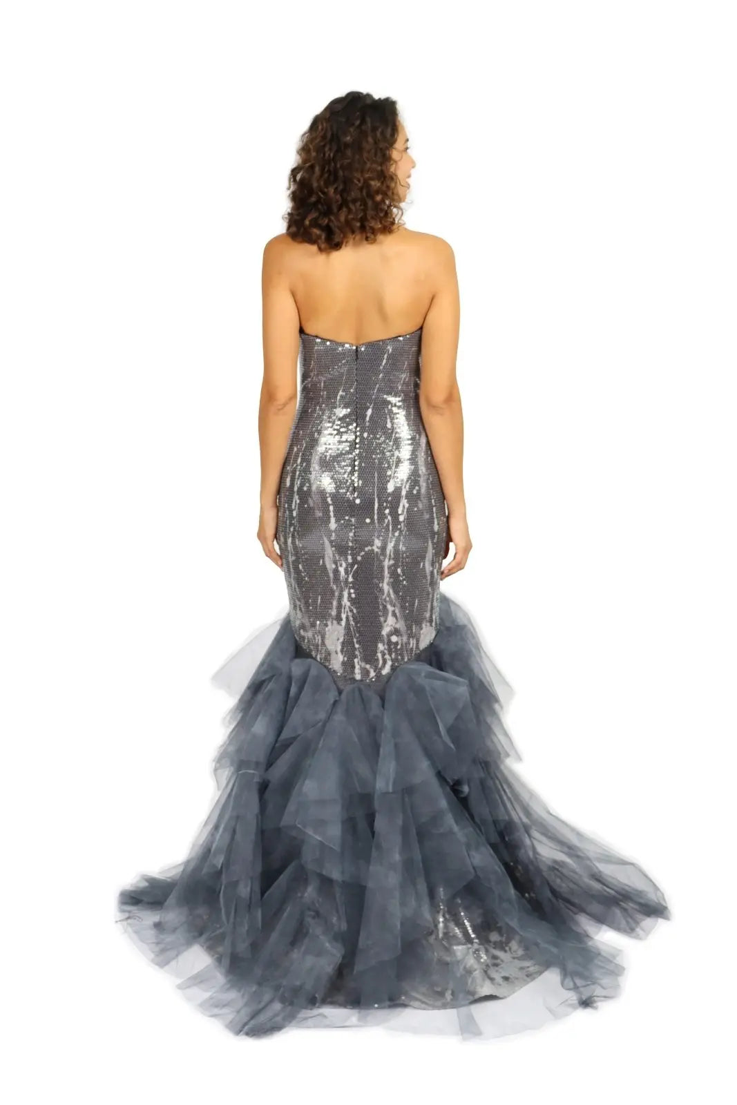 Strapless Printed Sequin Gown with Ruffle Hem