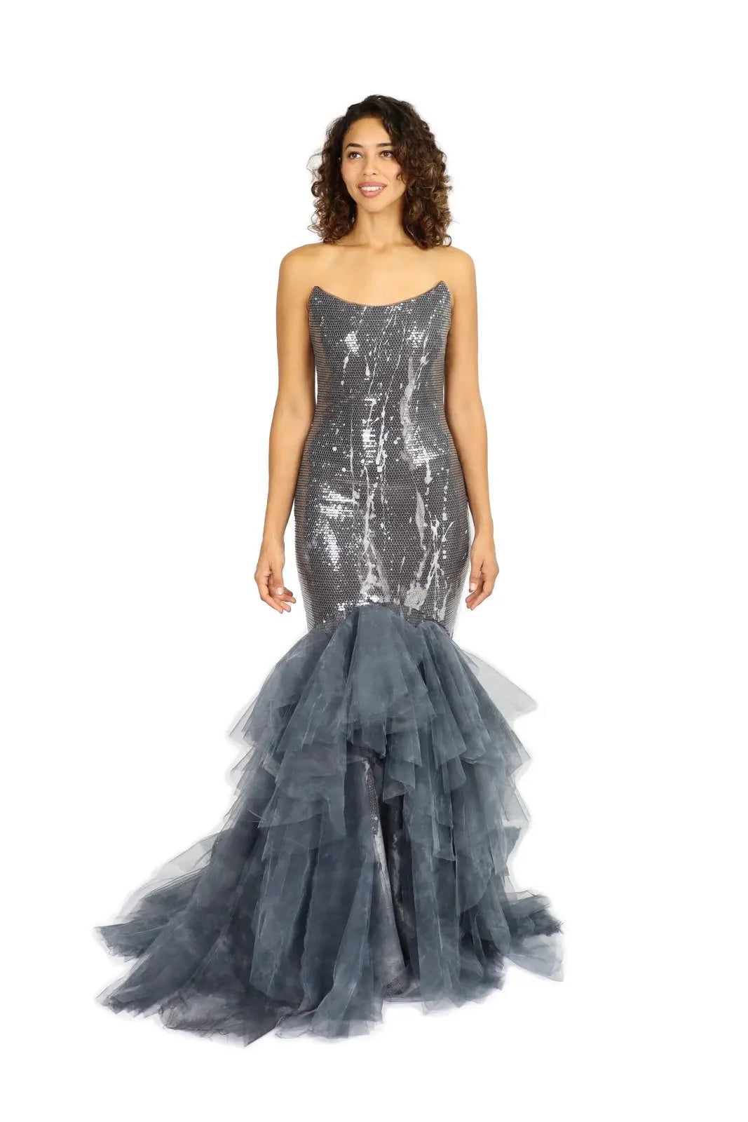 Strapless Printed Sequin Gown with Ruffle Hem