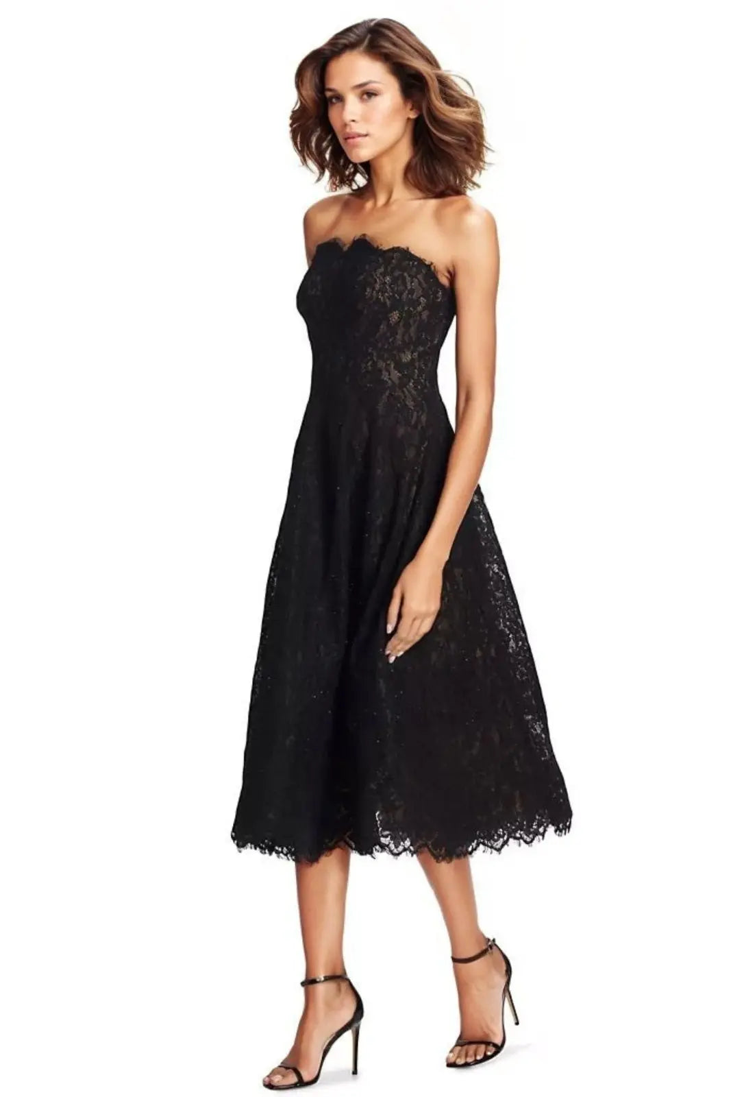 Strapless Scalloped Lace Midi Gown Rene Ruiz Collection