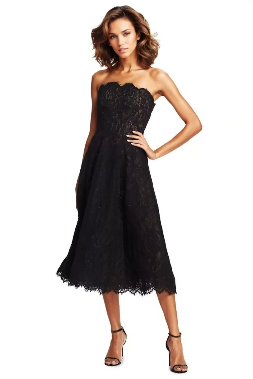 Strapless Scalloped Lace Midi Gown Rene Ruiz Collection