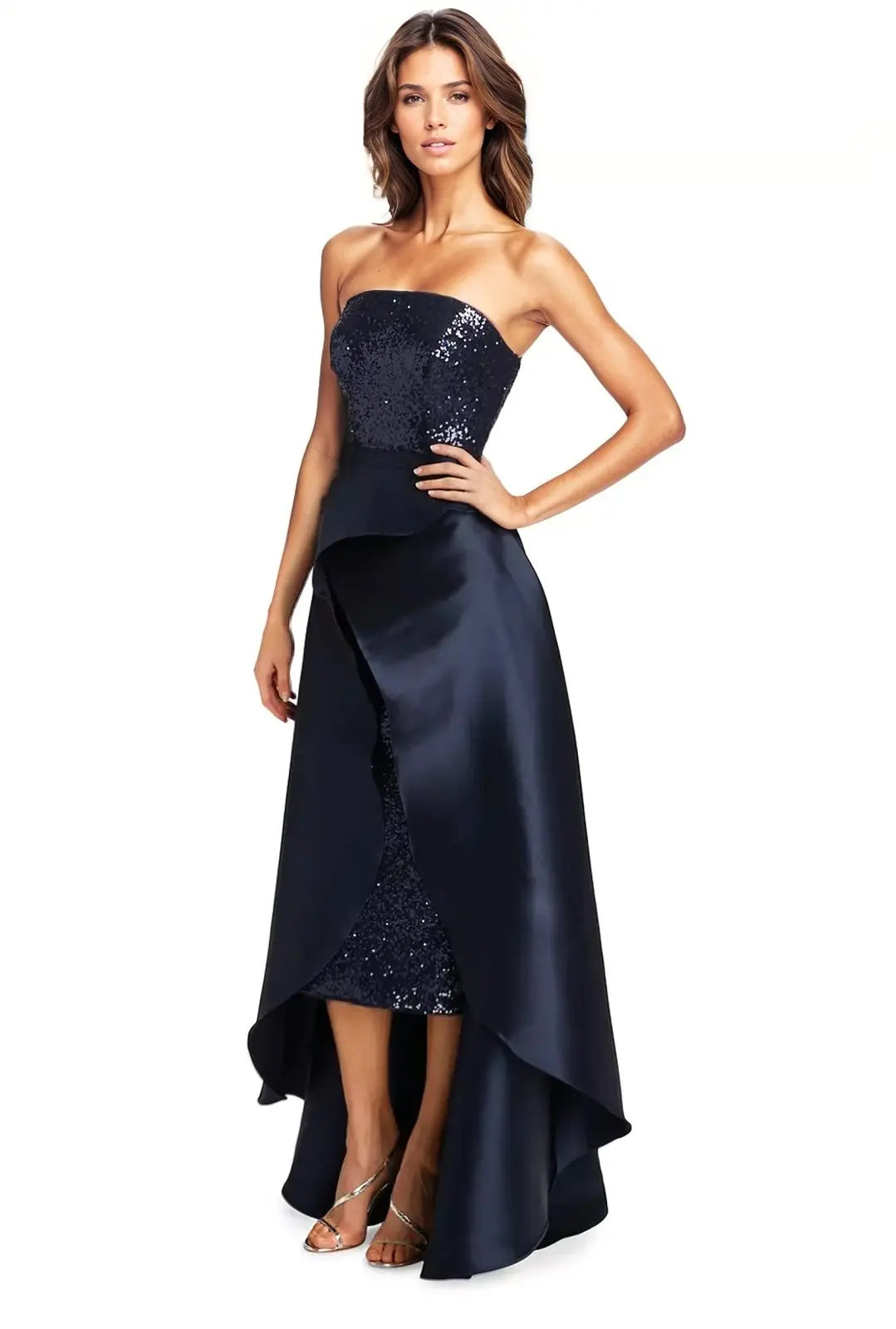 Strapless Sequin Midi With High-Low Removable Skirt Gown Rene Ruiz Collection