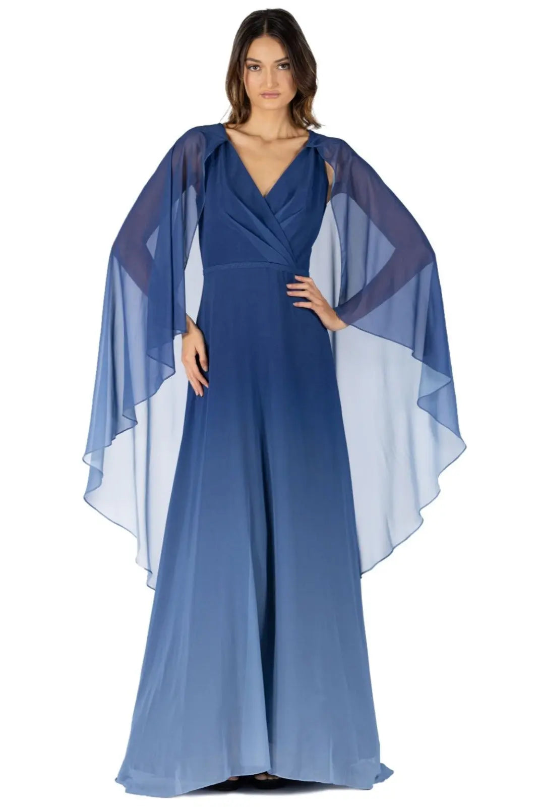 V-Neck Chiffon Cape Gown Gown Rene Ruiz Collection