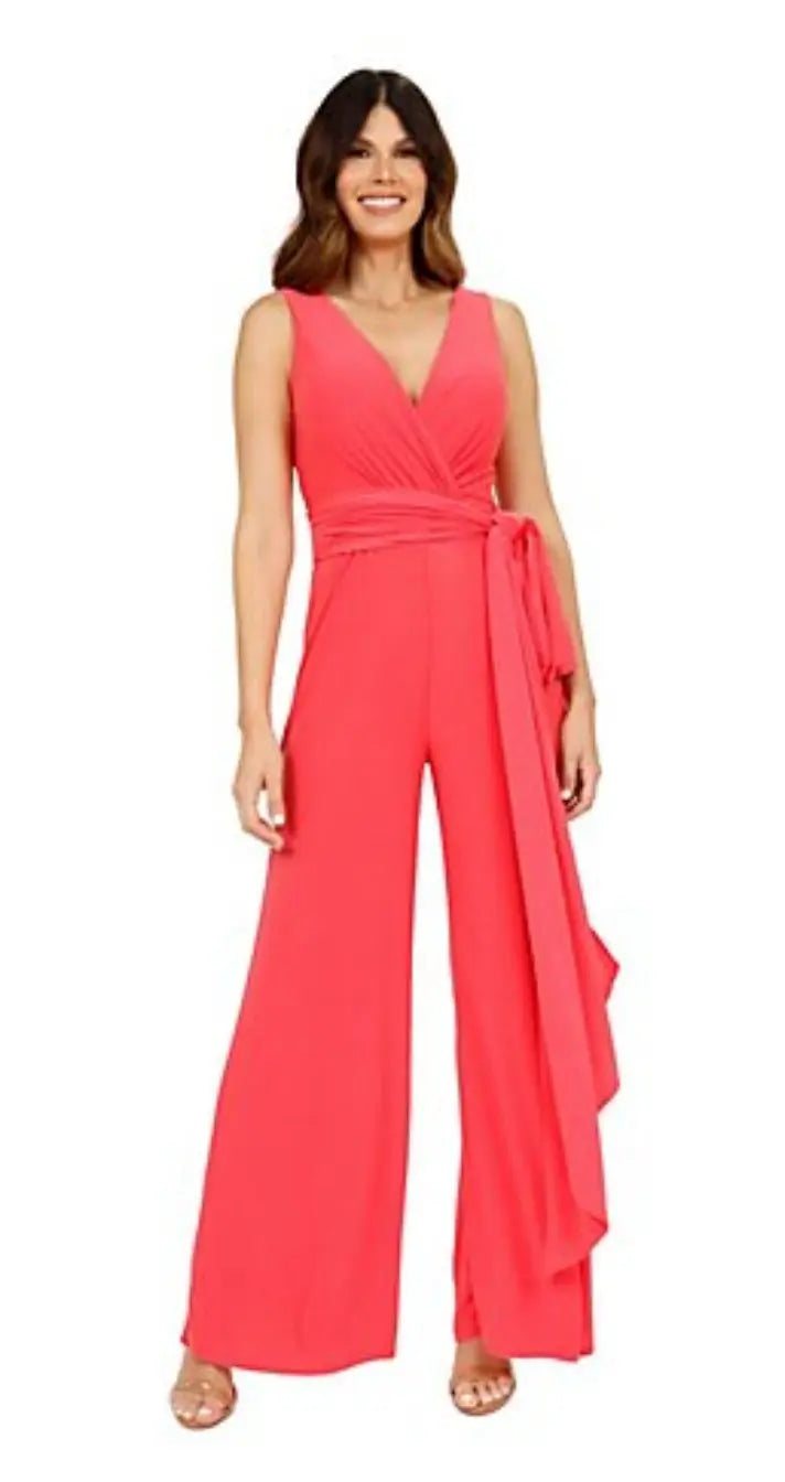 V Neck Draped Jumpsuit With Sash Gown Rene Ruiz Collection