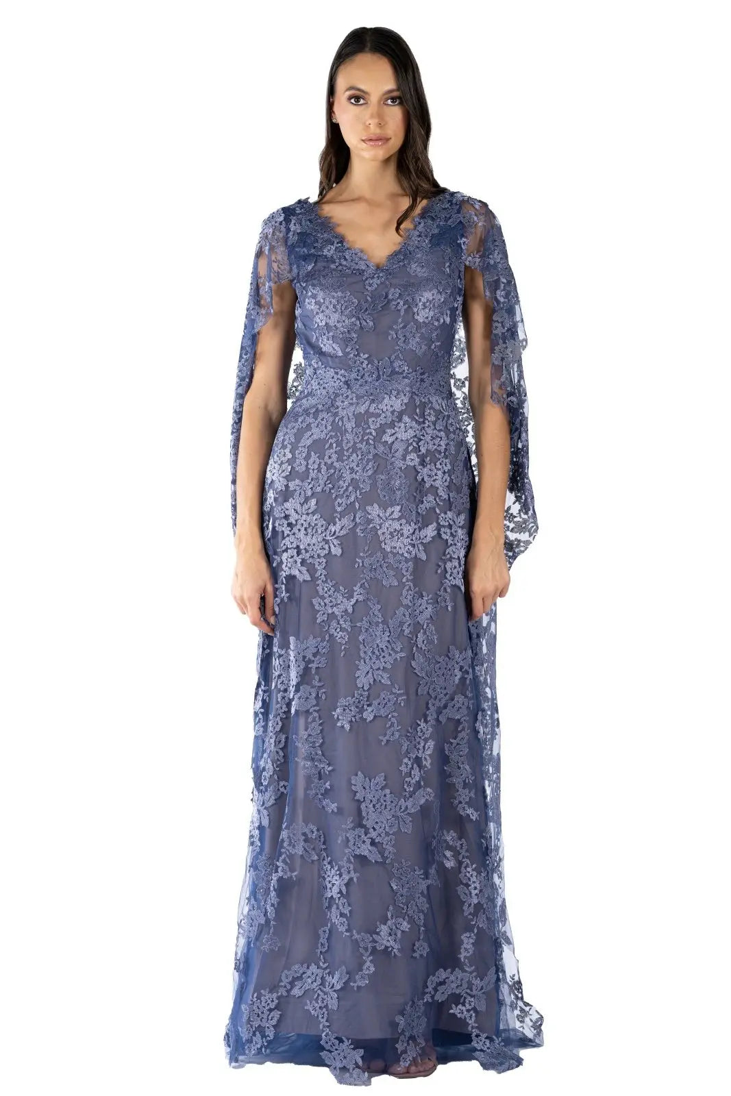 V-Neck Embroidered Cape Gown Gown Rene Ruiz Collection