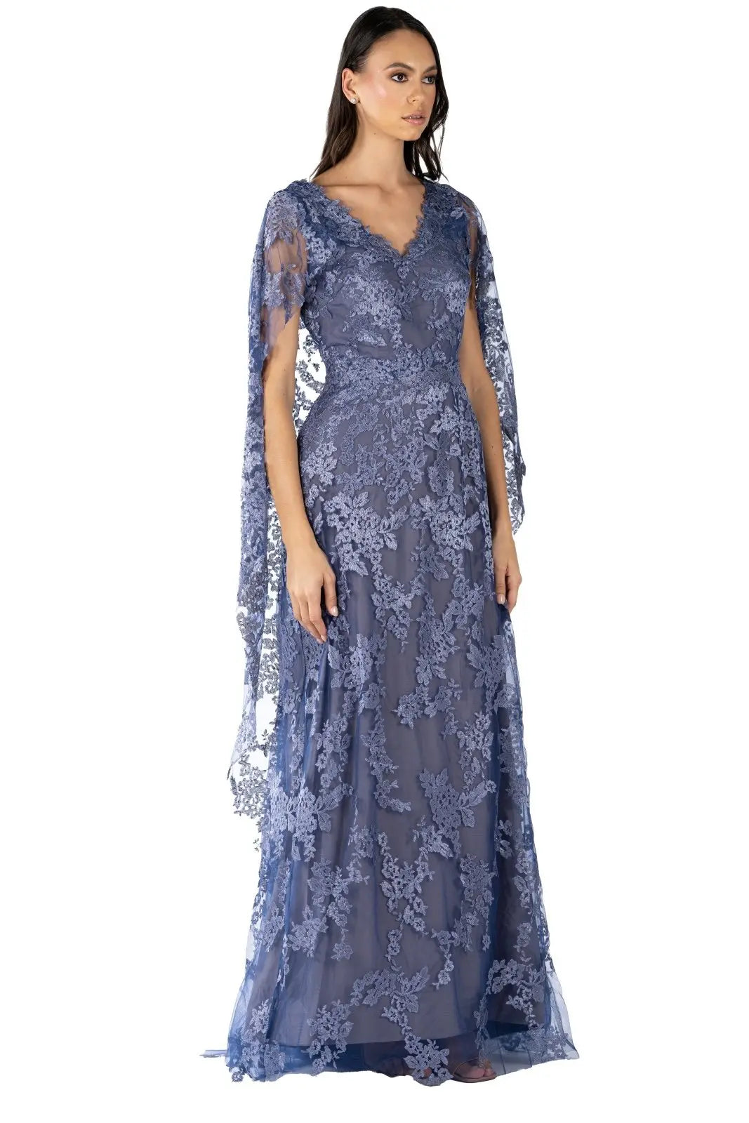 V-Neck Embroidered Cape Gown Gown Rene Ruiz Collection