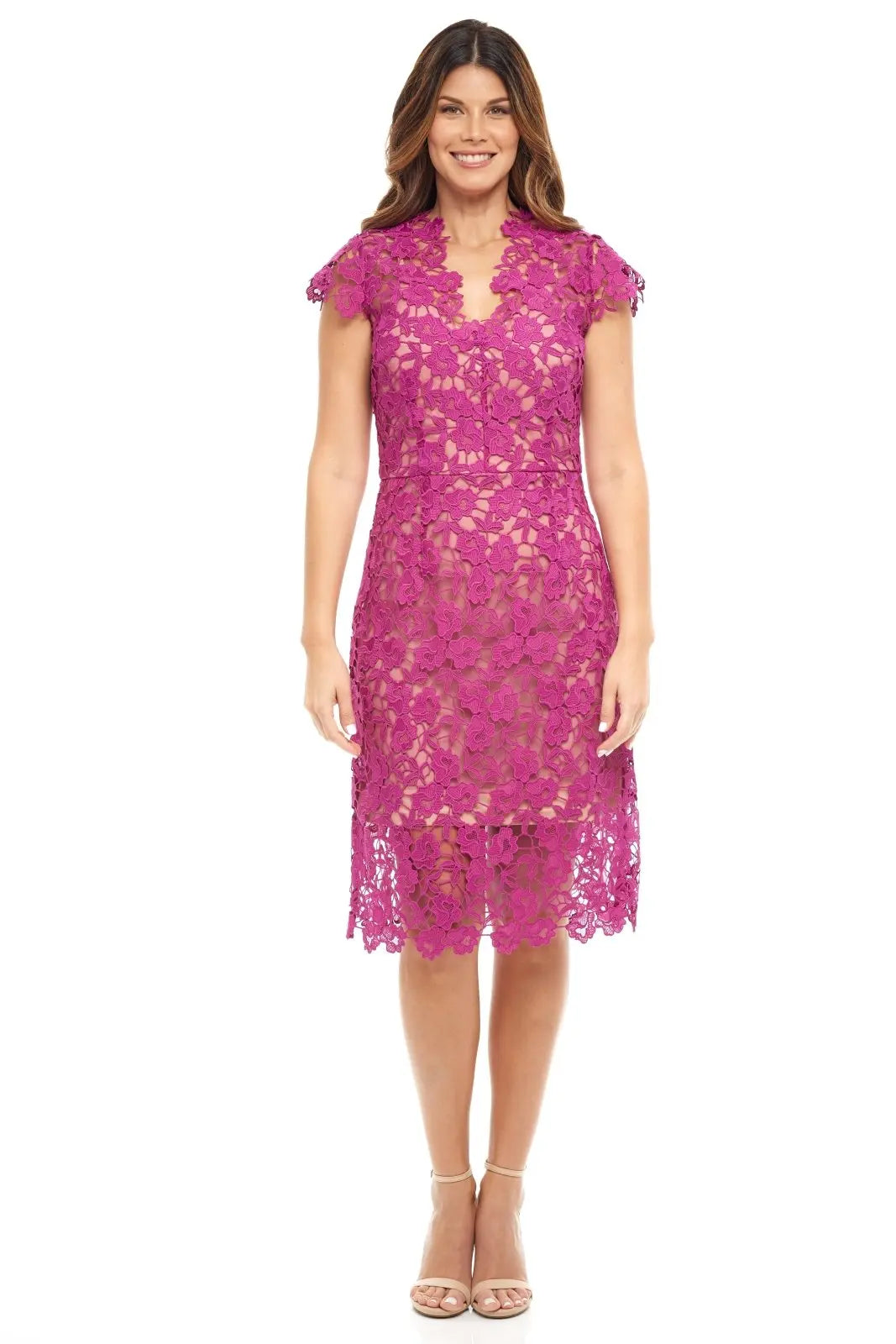 V - Neck Lace Cocktail Cocktail Rene Ruiz Collection 2 Fuchsia