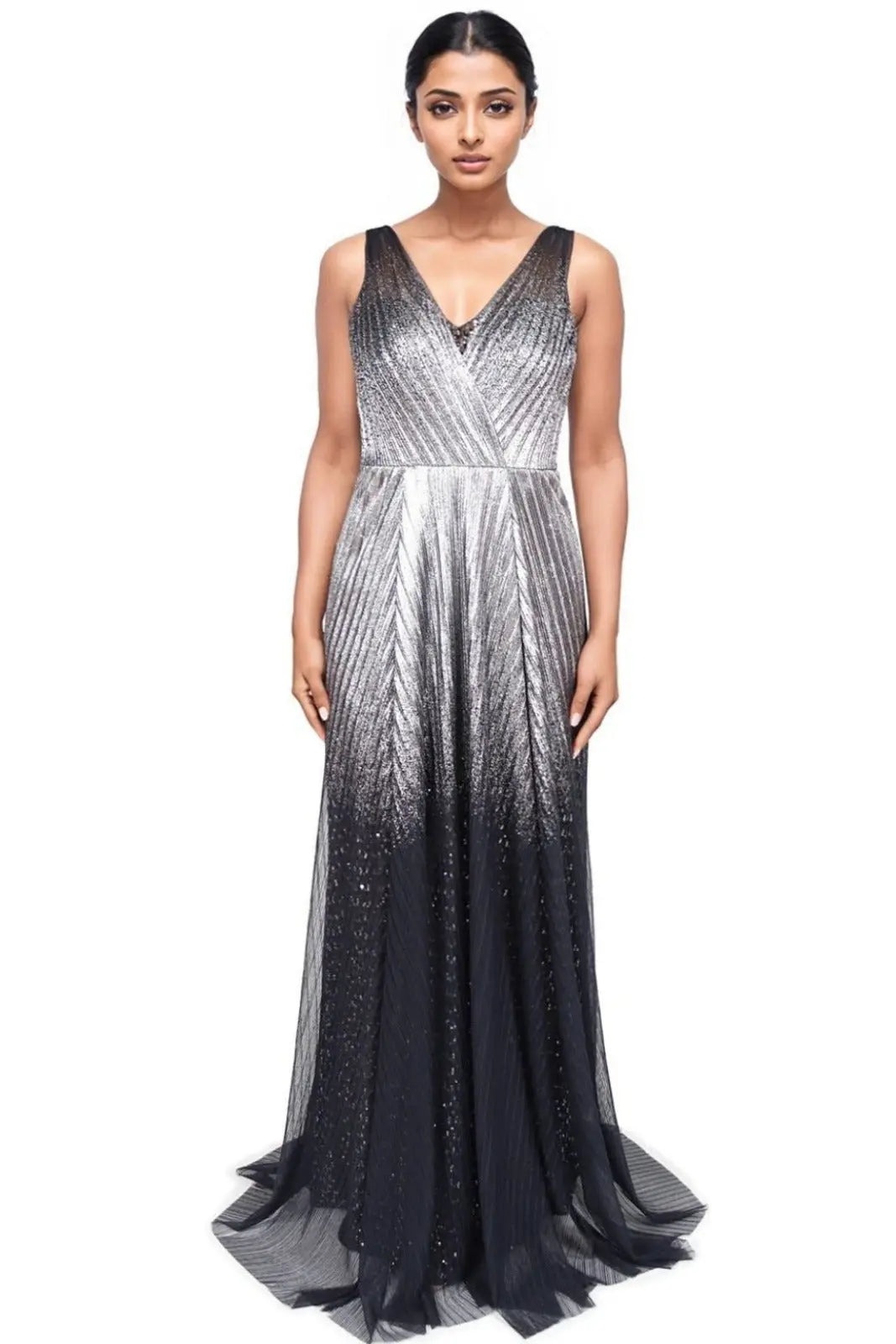 V-Neck Pleated Gown Gown Rene Ruiz Collection 2 Silver