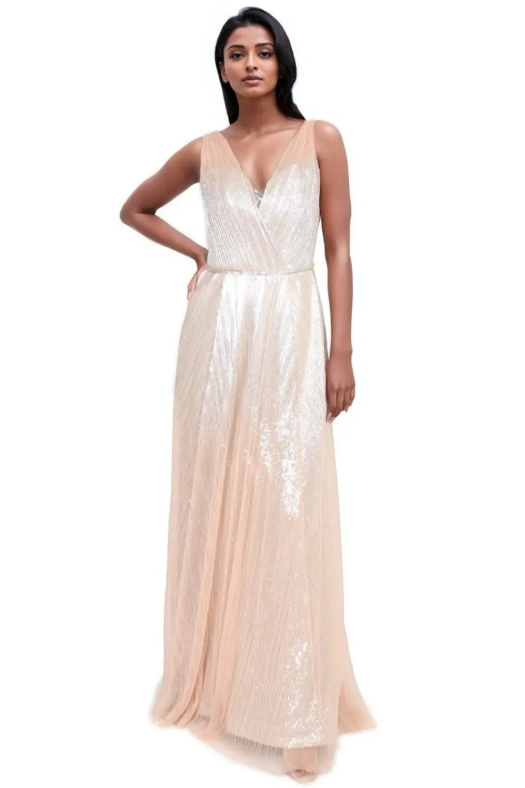 V-Neck Pleated Gown Gown Rene Ruiz Collection 2 Champagne