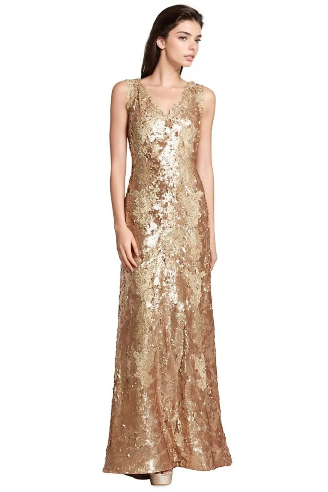 V-Neck Sequin Lace Gown Gown Rene Ruiz Collection