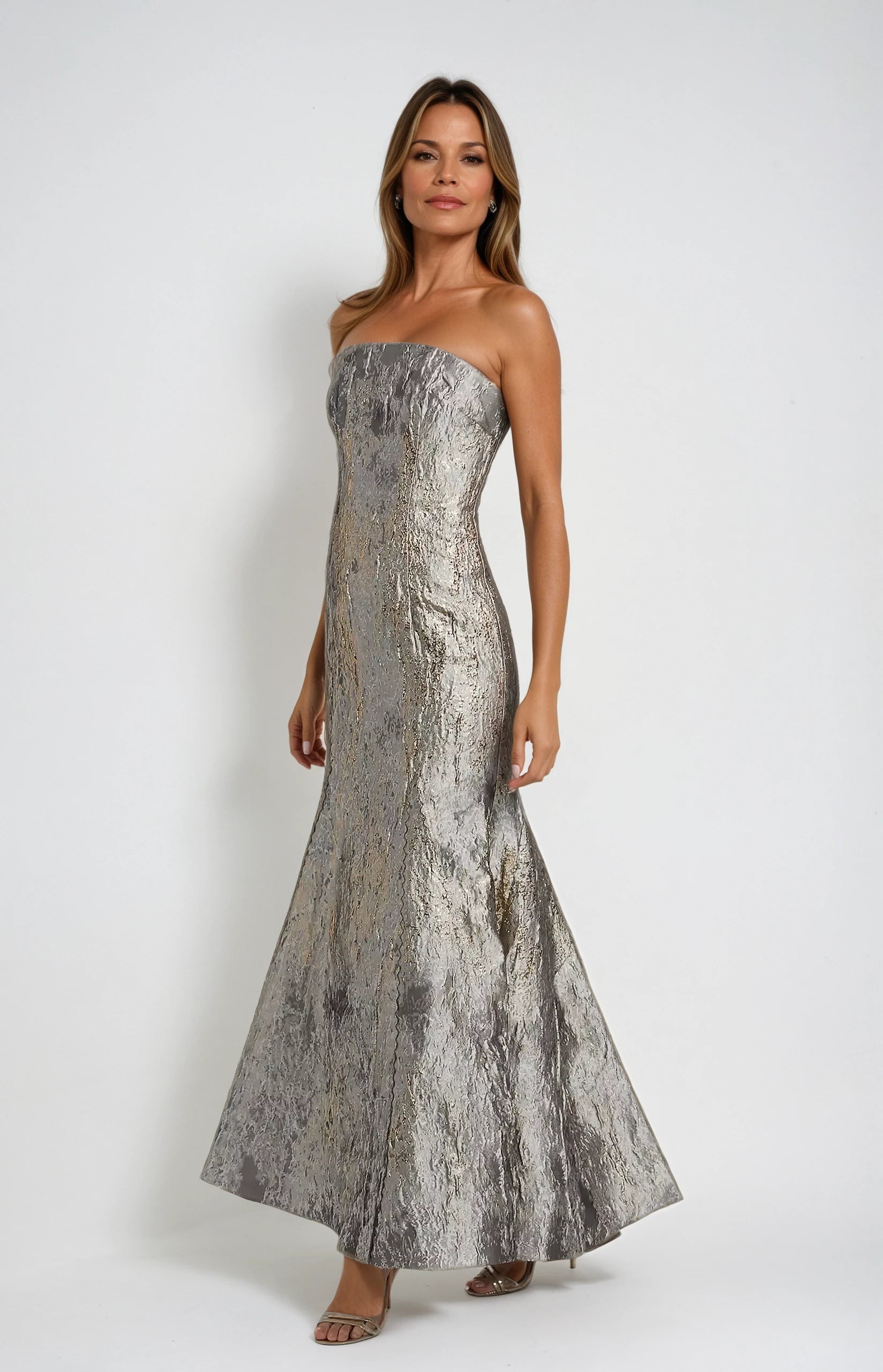 Strapless Fit and Flare Brocade Gown Gown Rene Ruiz Collection