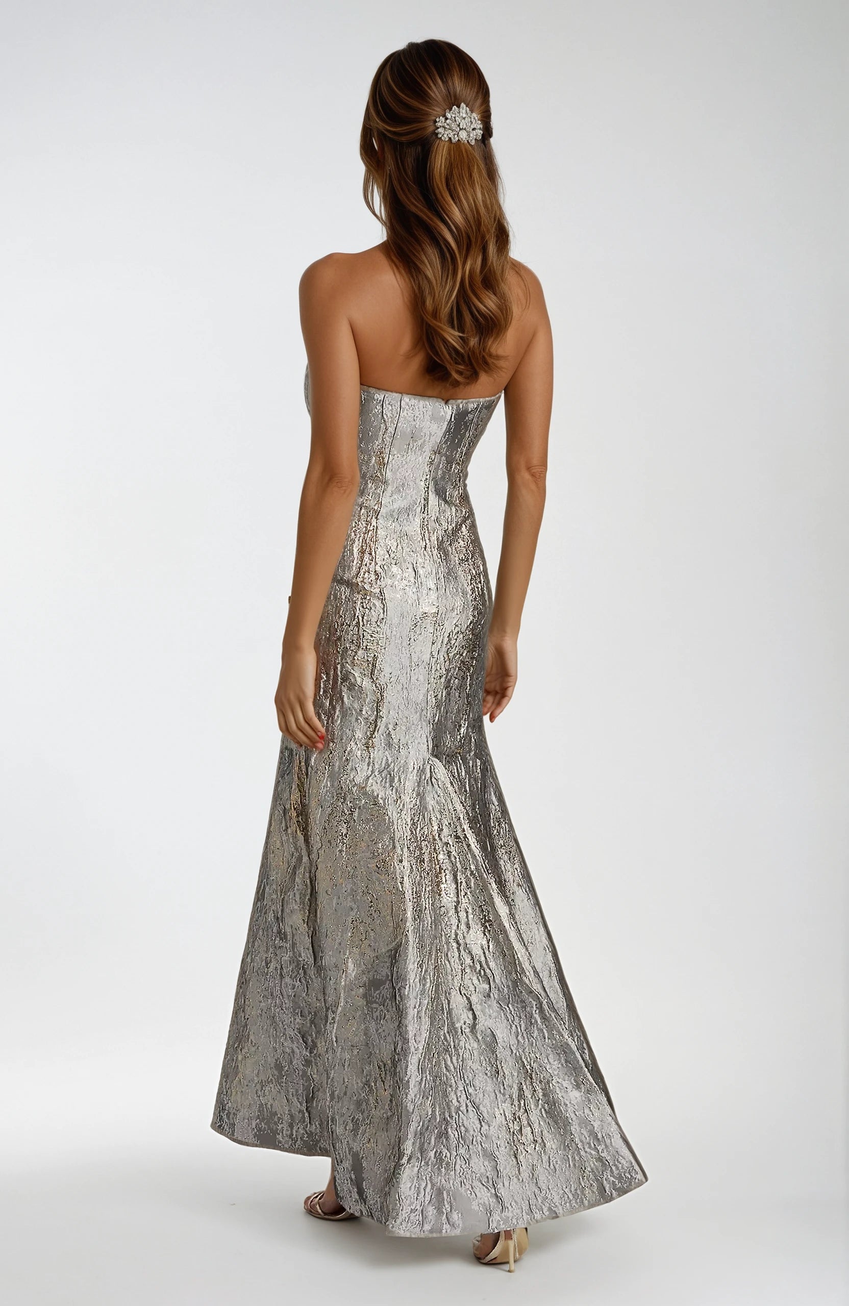 Strapless Fit and Flare Brocade Gown Gown Rene Ruiz Collection