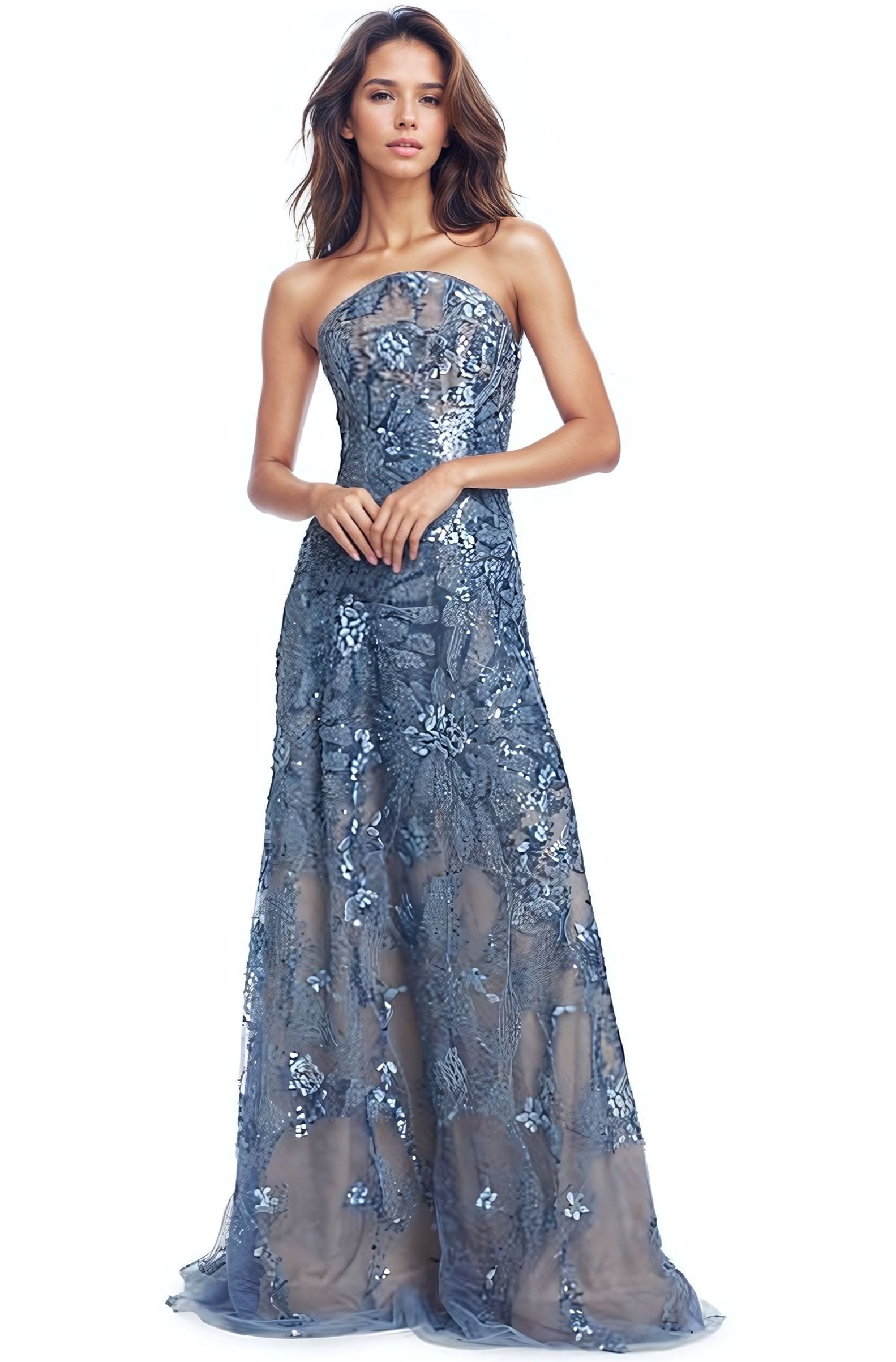 Floral Embroidered Strapless A-Line Gown (STORE STOCK MANHASSET,HALLANDALE)