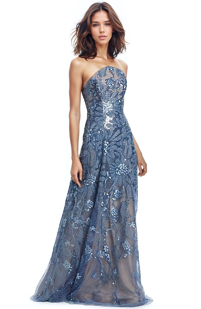 Glamorous A-Line Tulle V-Neck Floral Embroidery Evening Gown DP7332 main image 1