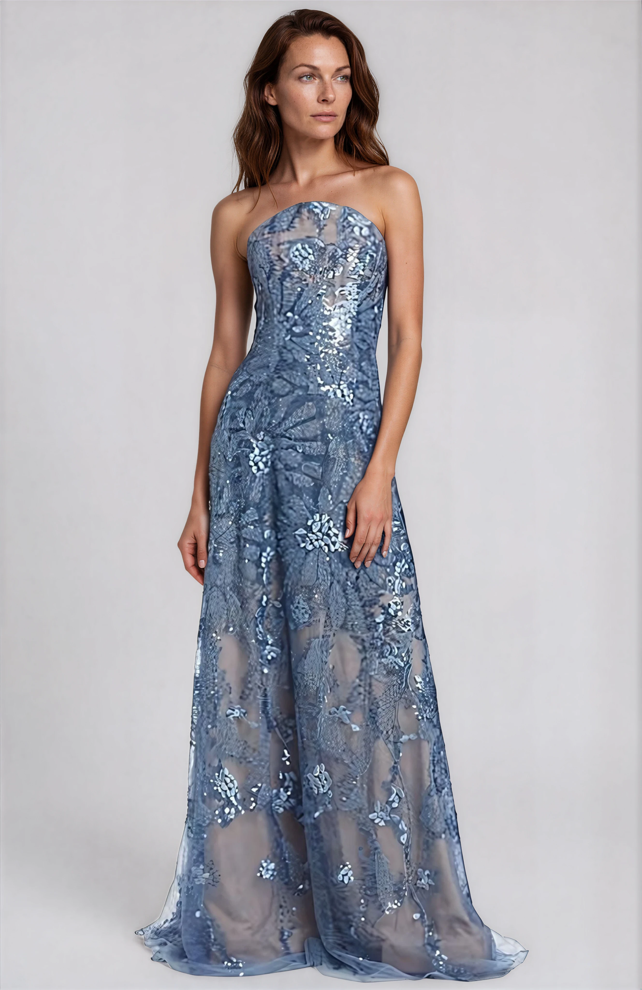 Floral Embroidered Strapless A-Line Gown (boca stock) Gown Rene Ruiz Collection